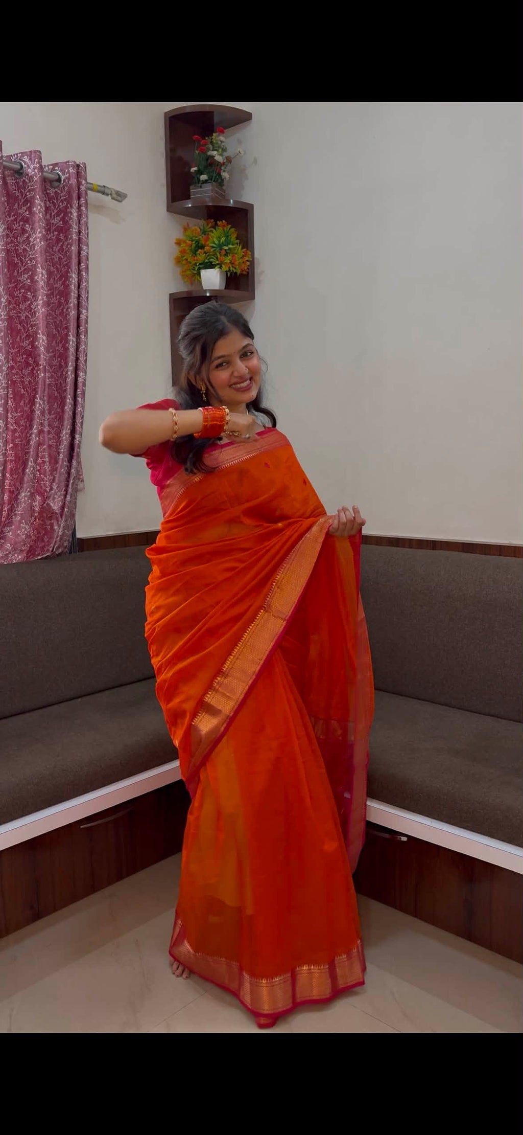 Karvath Orange Pink Maheshwari Handloom Saree