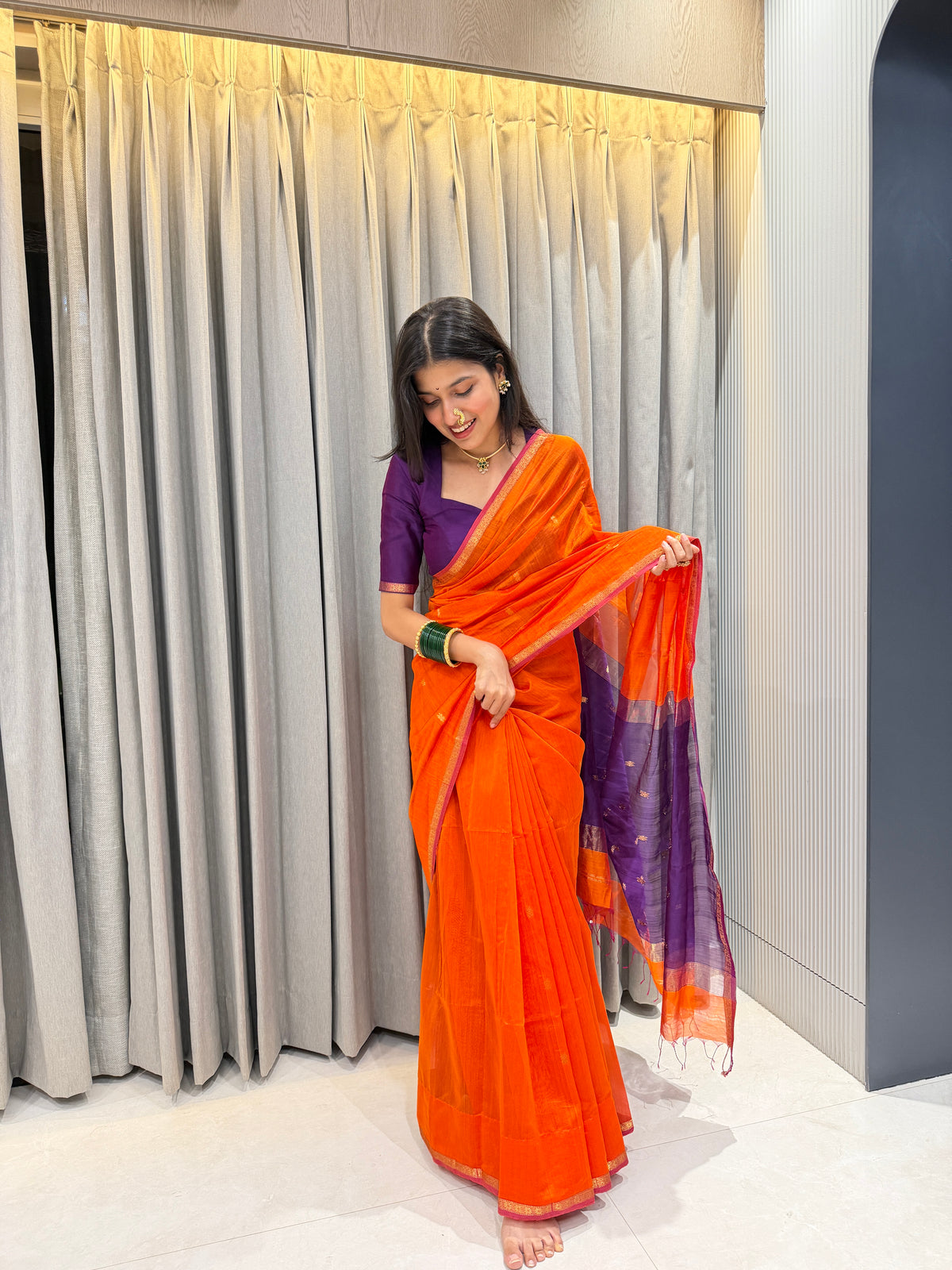 Sayali Kesari Purple Pallu Maheshwari Handloom Saree