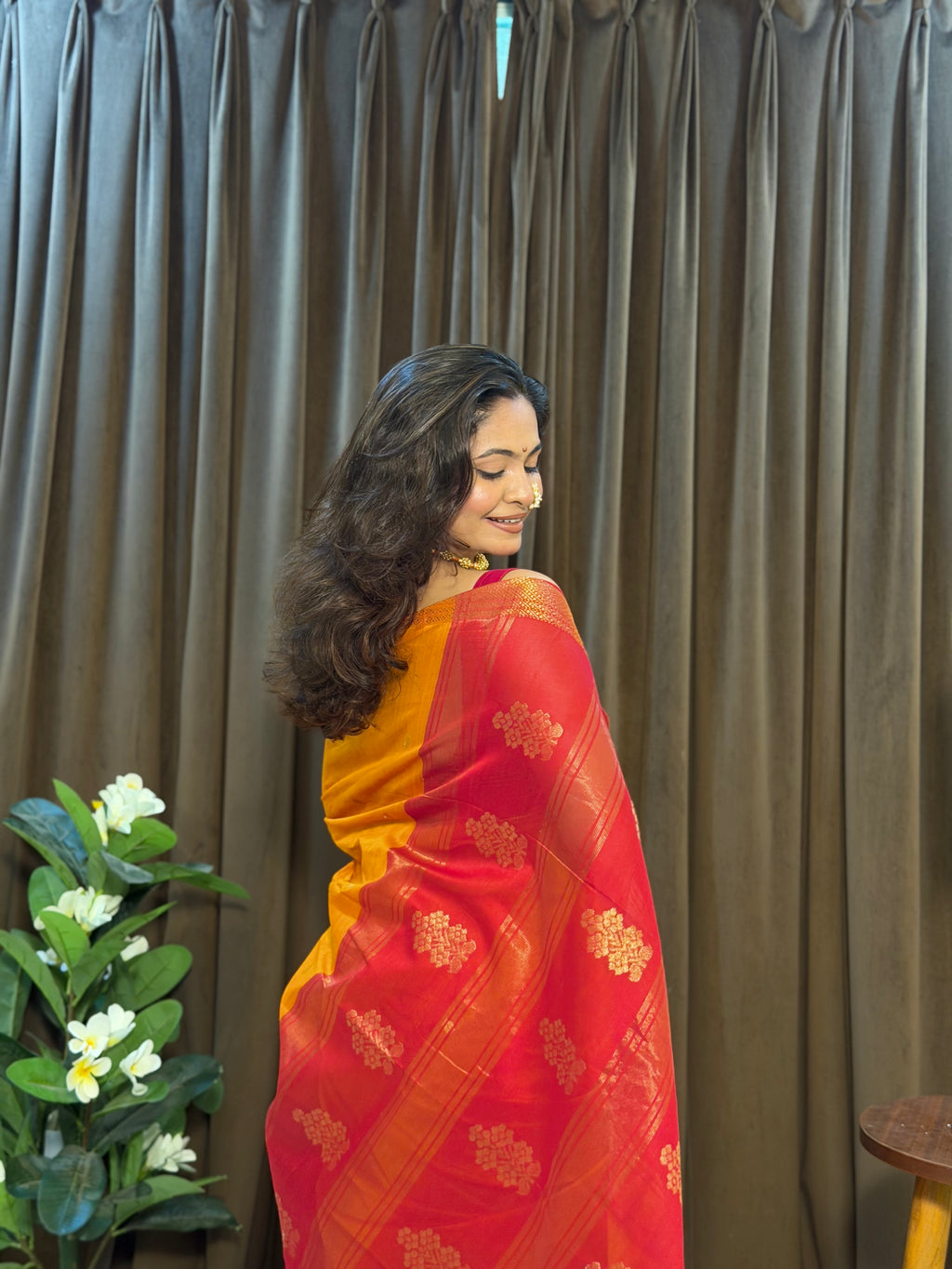 Ashu Floral Buta Mustard & red Maheshwari silk by cotton handloom saree