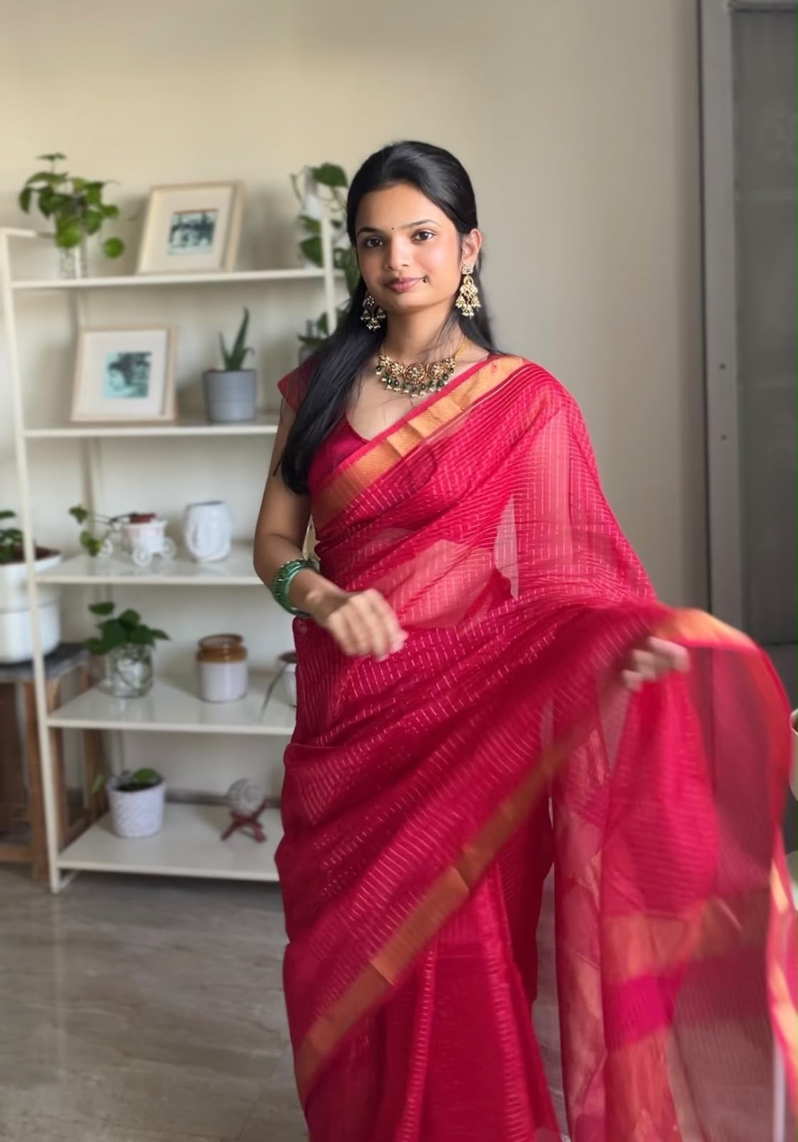 Pink Checks Maheshwari Handloom Silk & Cotton Saree