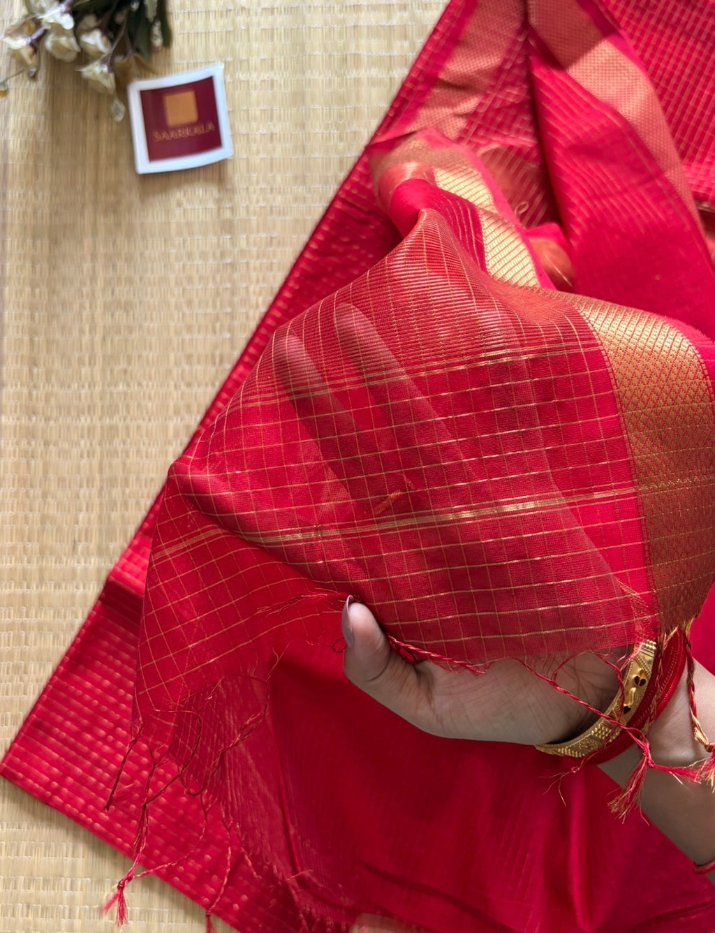 Red Checked Maheshwari Handwoven Saree with Gold Zari Border