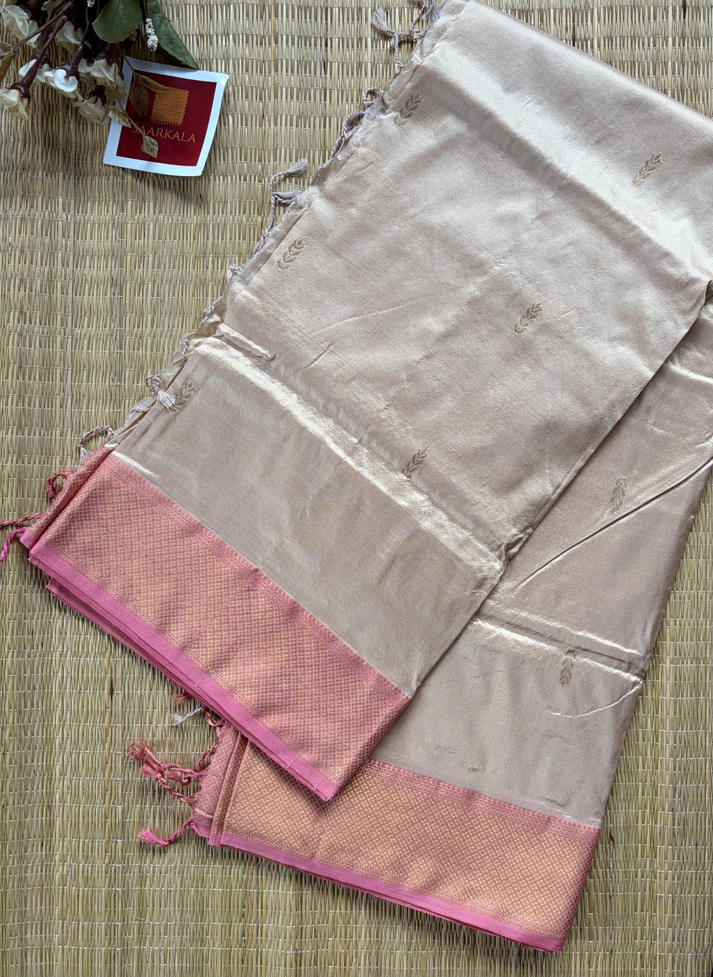 Beige Pure Silk Pink Maheshwari Handloom Saree