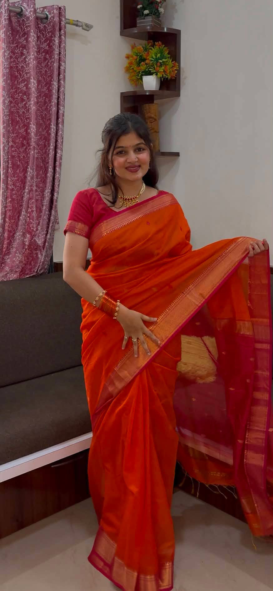 Karvath Orange Pink Maheshwari Handloom Saree