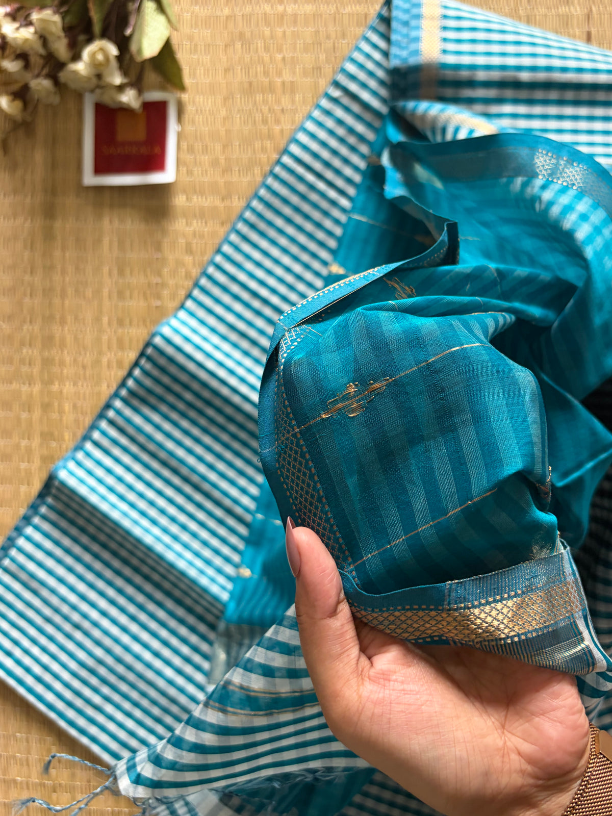 Gingham Rama Blue Maheshwari Handloom Saree
