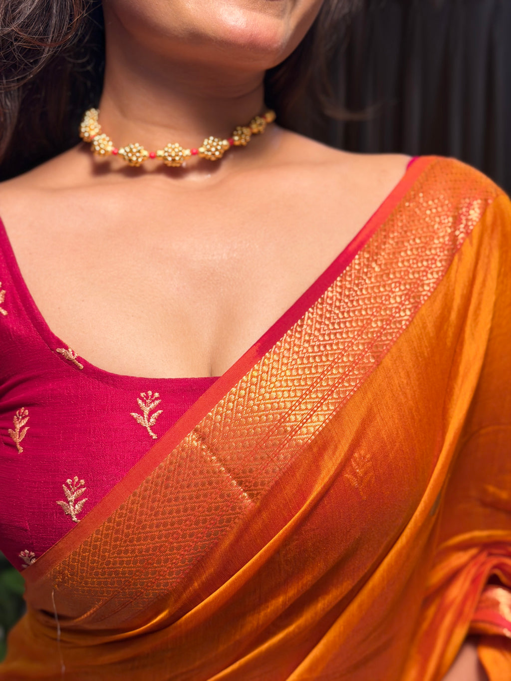 Ashu Floral Buta Mustard & red Maheshwari silk by cotton handloom saree