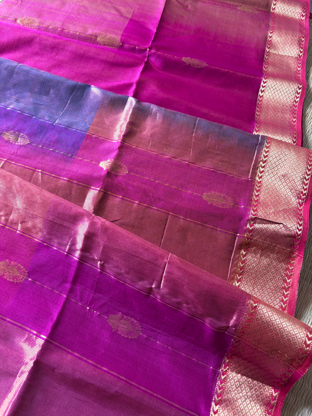 Reshami Pink Shaded Maheshwari Handwoven Saree with Gold Butti
