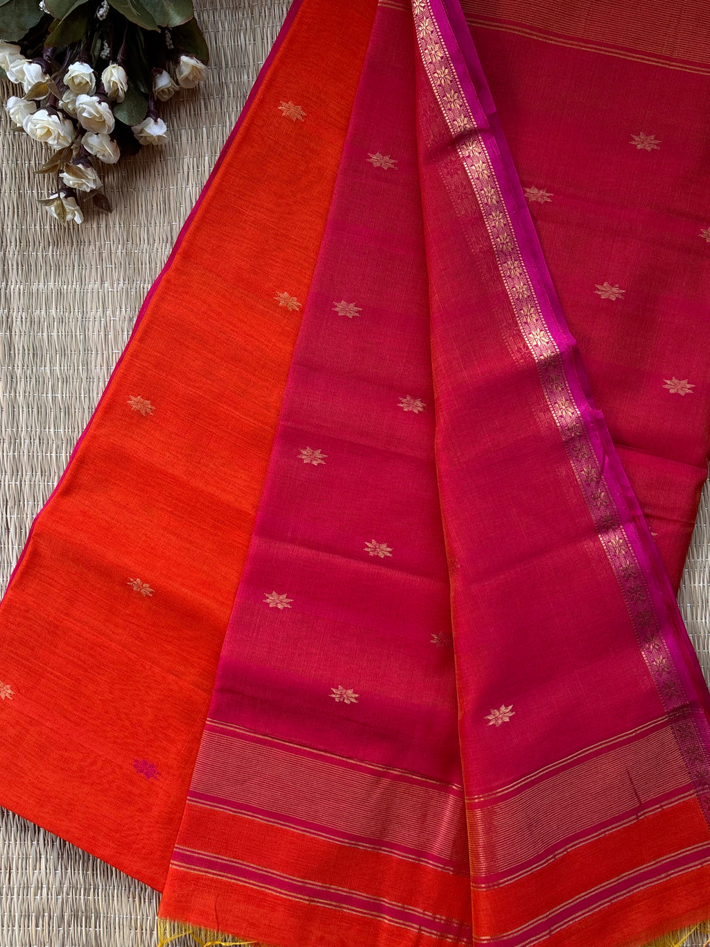 Chameli Orange Pink Maheshwari Handloom Saree
