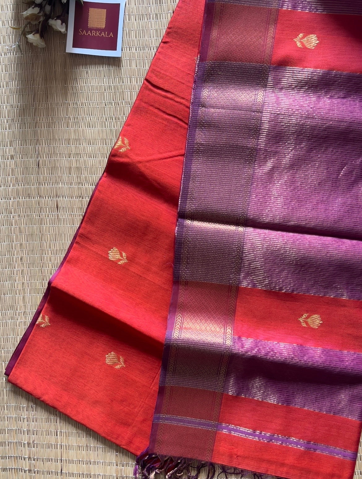 Rust Orange Lotus Maheshwari silk and cotton Saree