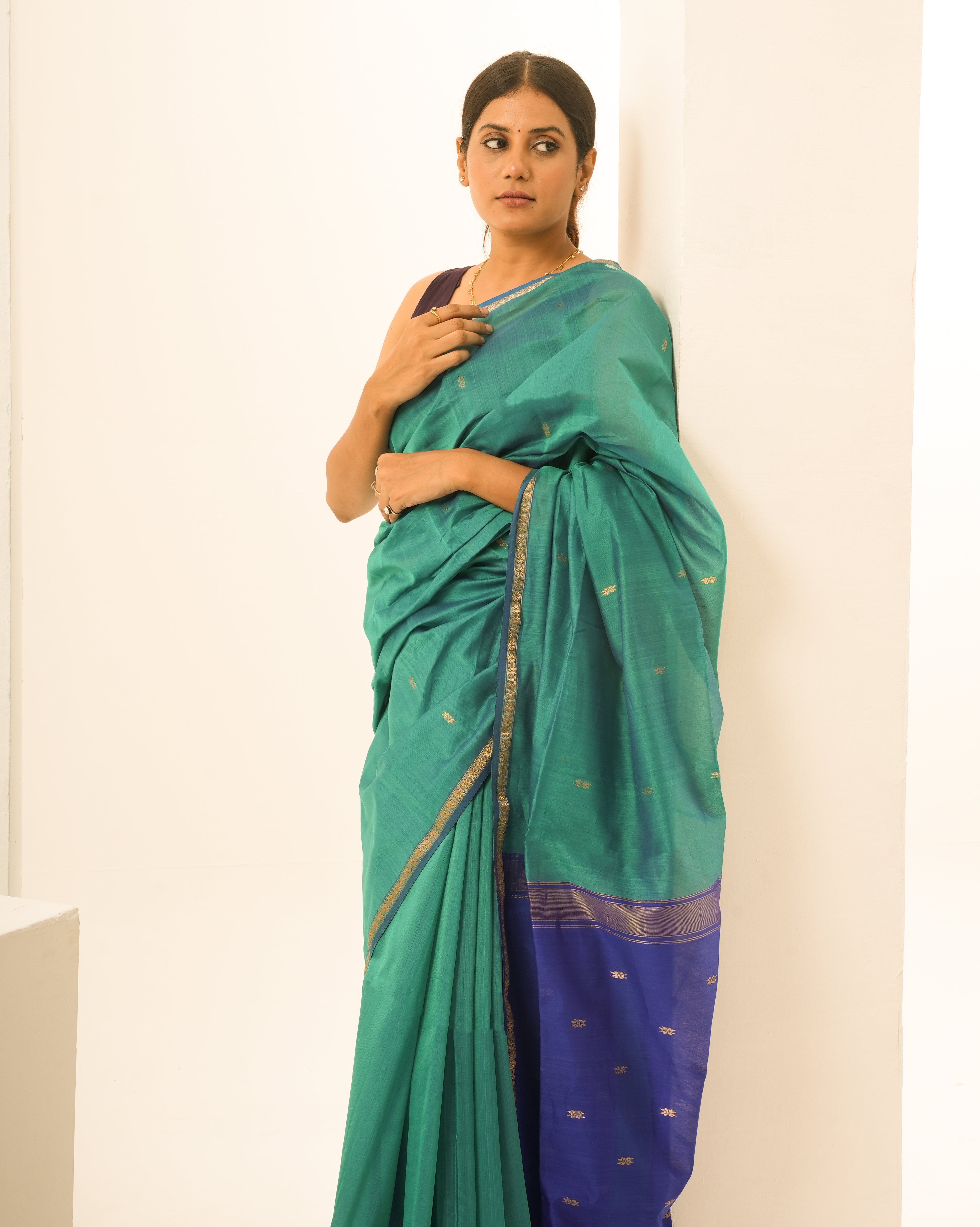 Teal Blue Maheshwari Handloom Saree
