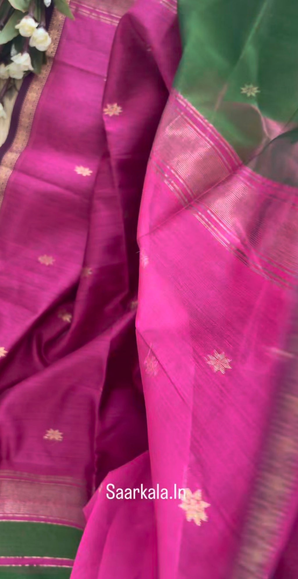 Green Pink Chameli Maheshwari Handloom Silk Cotton Saree