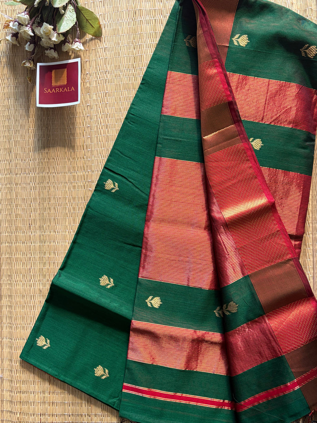 Green Red Lotus Maheshwari silk and cotton Saree