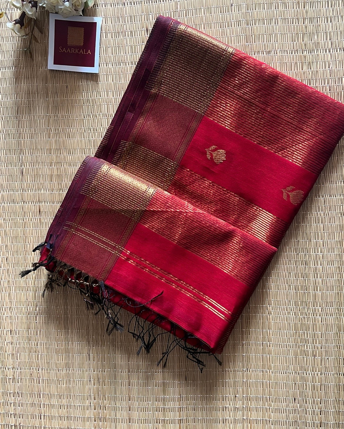 Maroon Lotus Maheshwari silk and cotton Saree