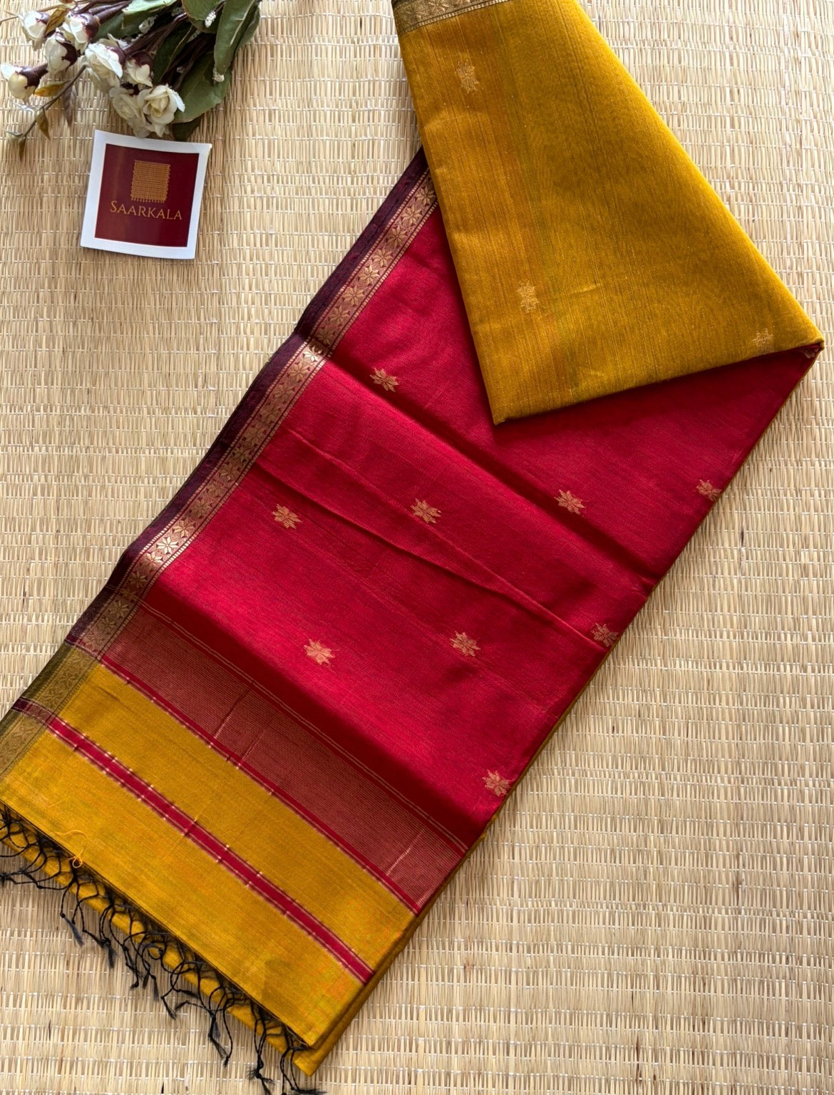 Mustard and Red Maheshwari Handwoven Saree with Gold Zari Border