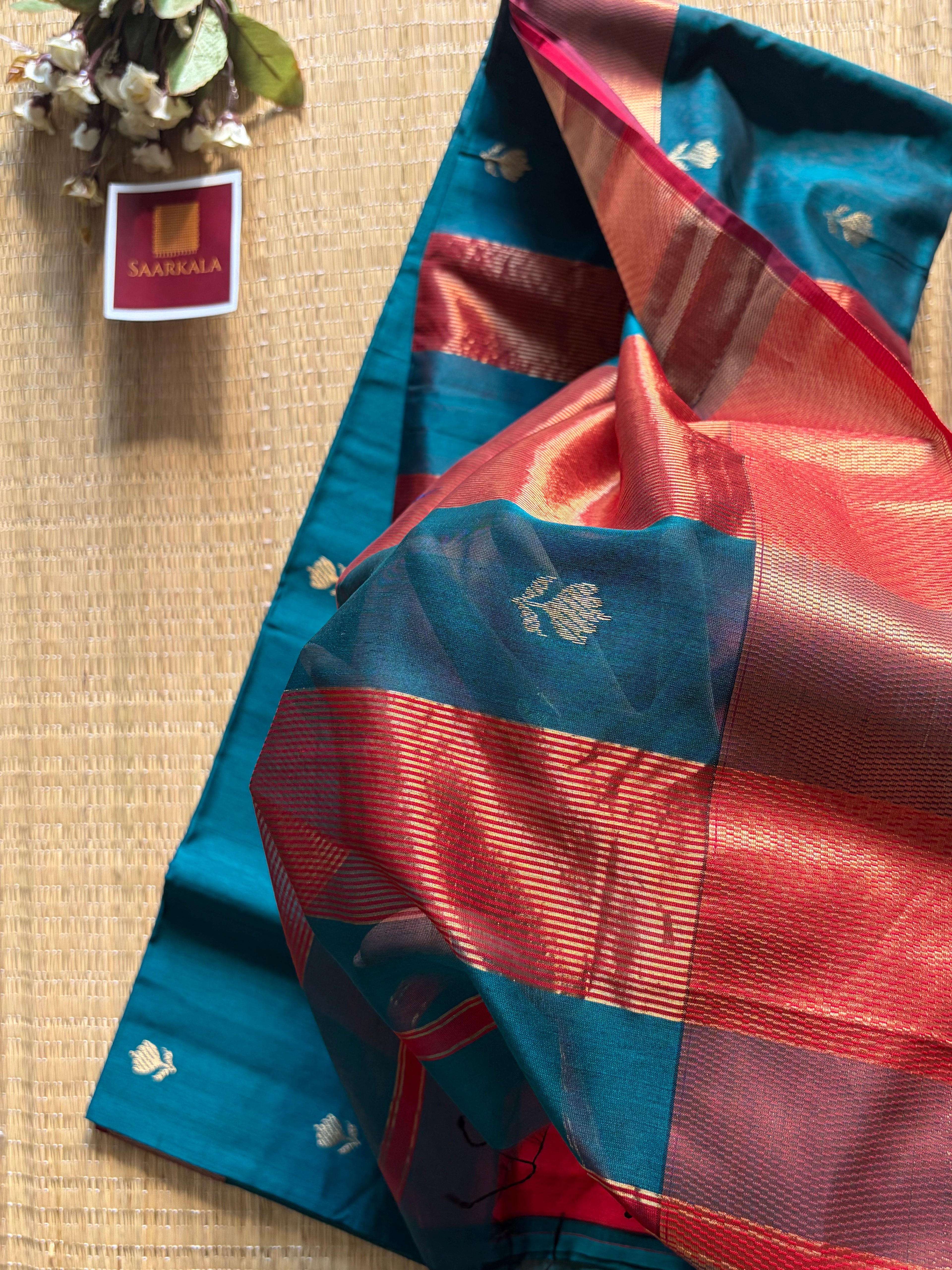 German Blue Red Lotus Maheshwari silk and cotton Saree