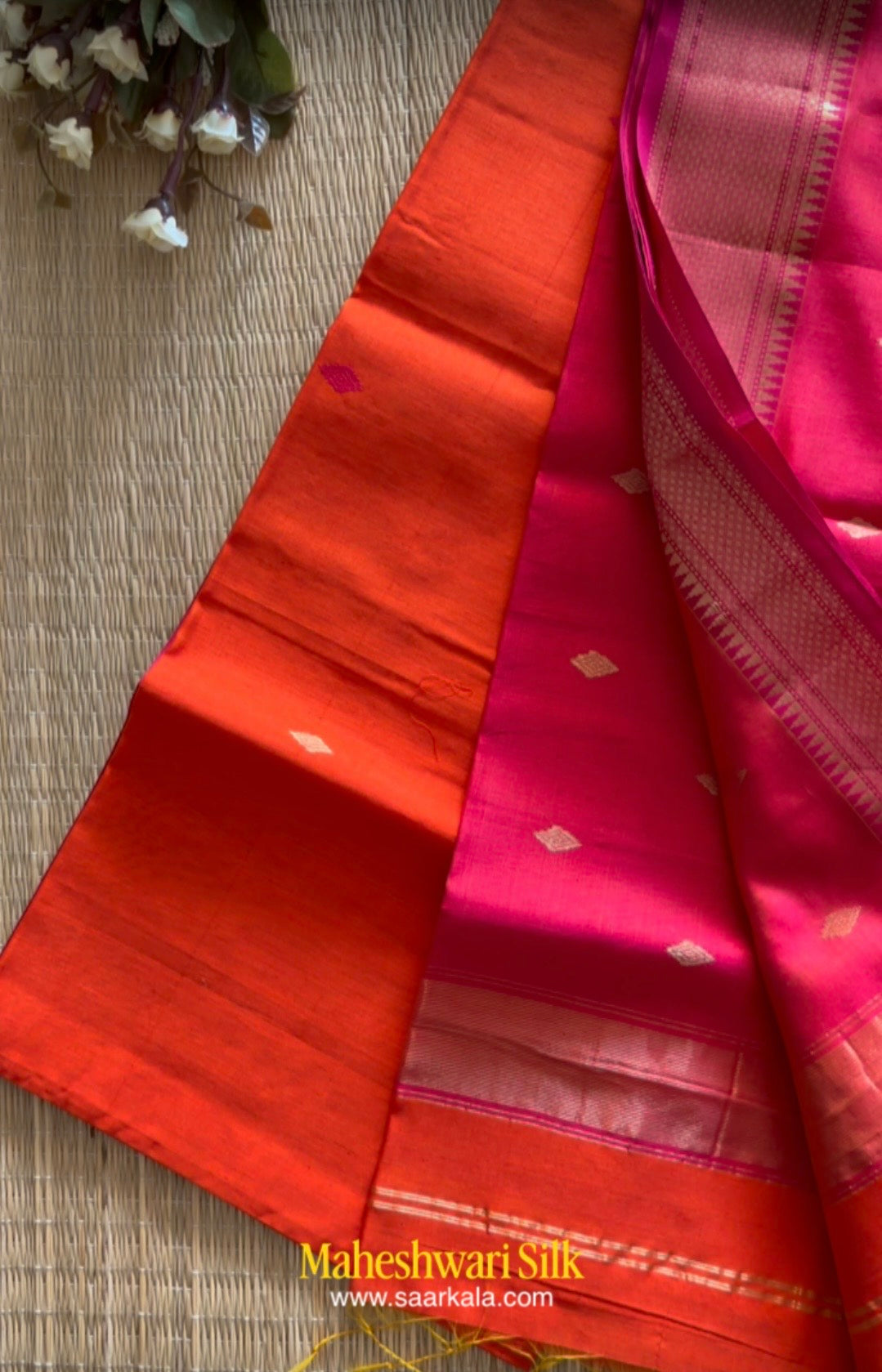 Karvath Orange Pink Maheshwari Handloom Saree