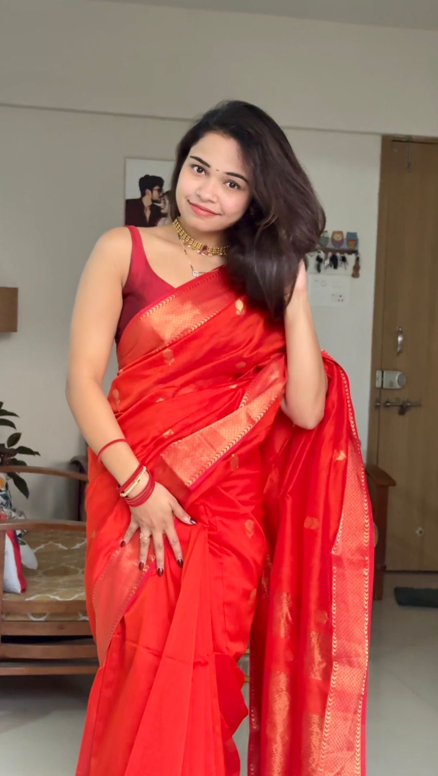 Lotus Orange Maheshwari Handloom Saree