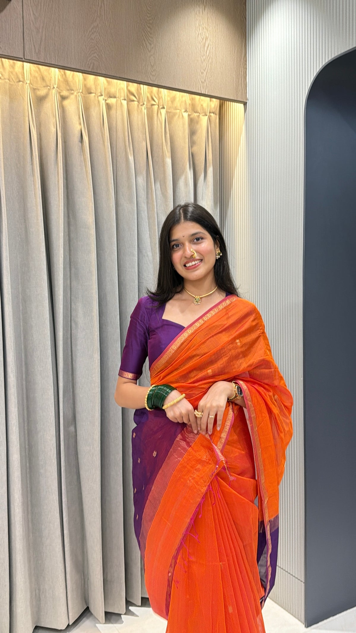 Sayali Kesari Purple Pallu Maheshwari Handloom Saree