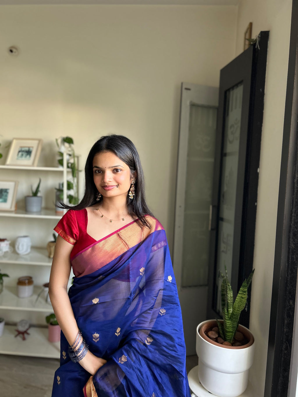Harshini Lotus Blue Red Maheshwari Handloom Saree with Gold Border