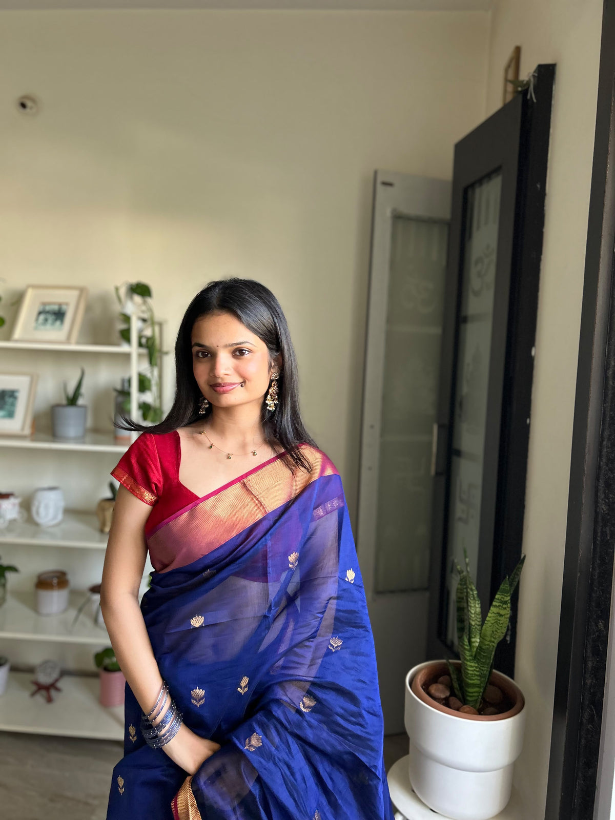 Harshini Lotus Blue Red Maheshwari Handloom Saree with Gold Border