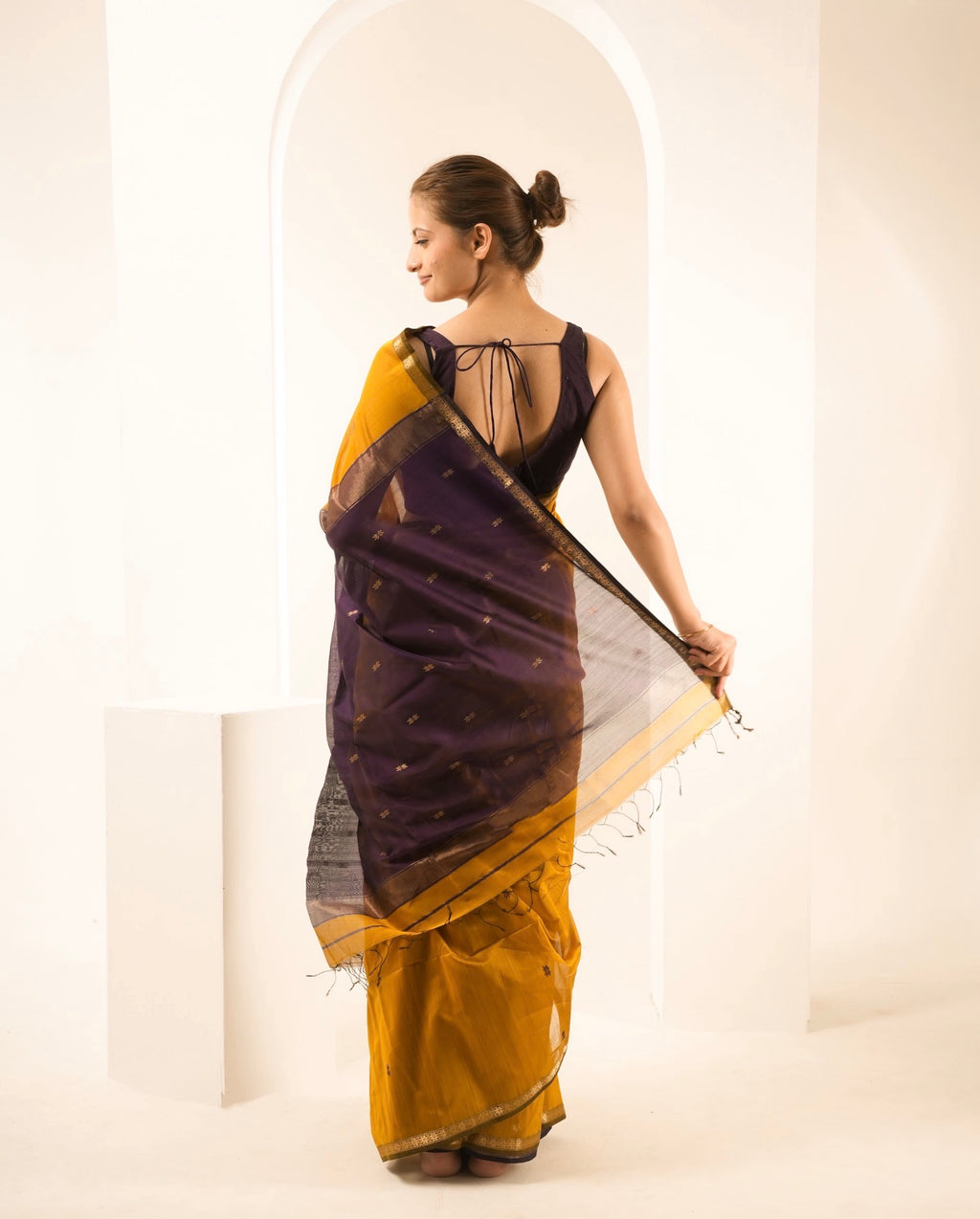 Chameli Mustard Purple Maheshwari Handloom Saree