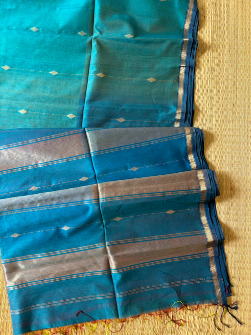 Blue Tint Shaded Maheshwari Handwoven Saree with Gold Zari Border