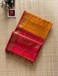 Mustard Red Checked Maheshwari Handwoven Saree with Gold Zari Border