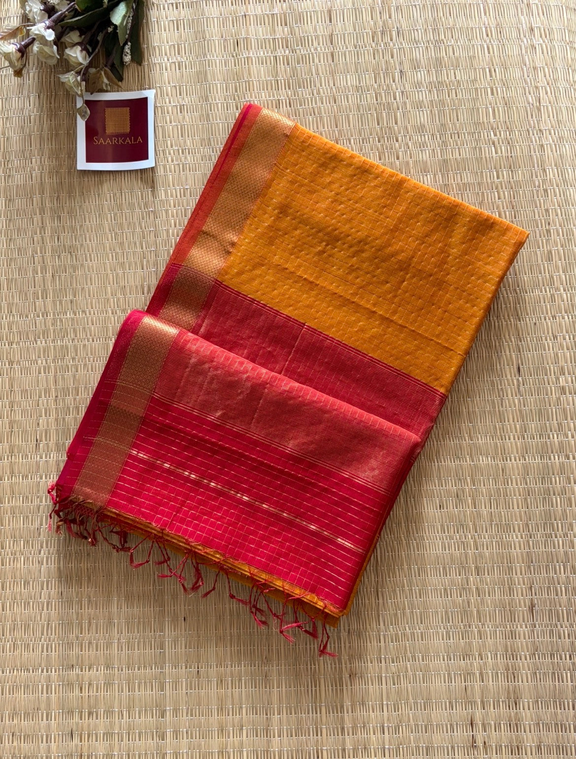 Mustard Red Checked Maheshwari Handwoven Saree with Gold Zari Border