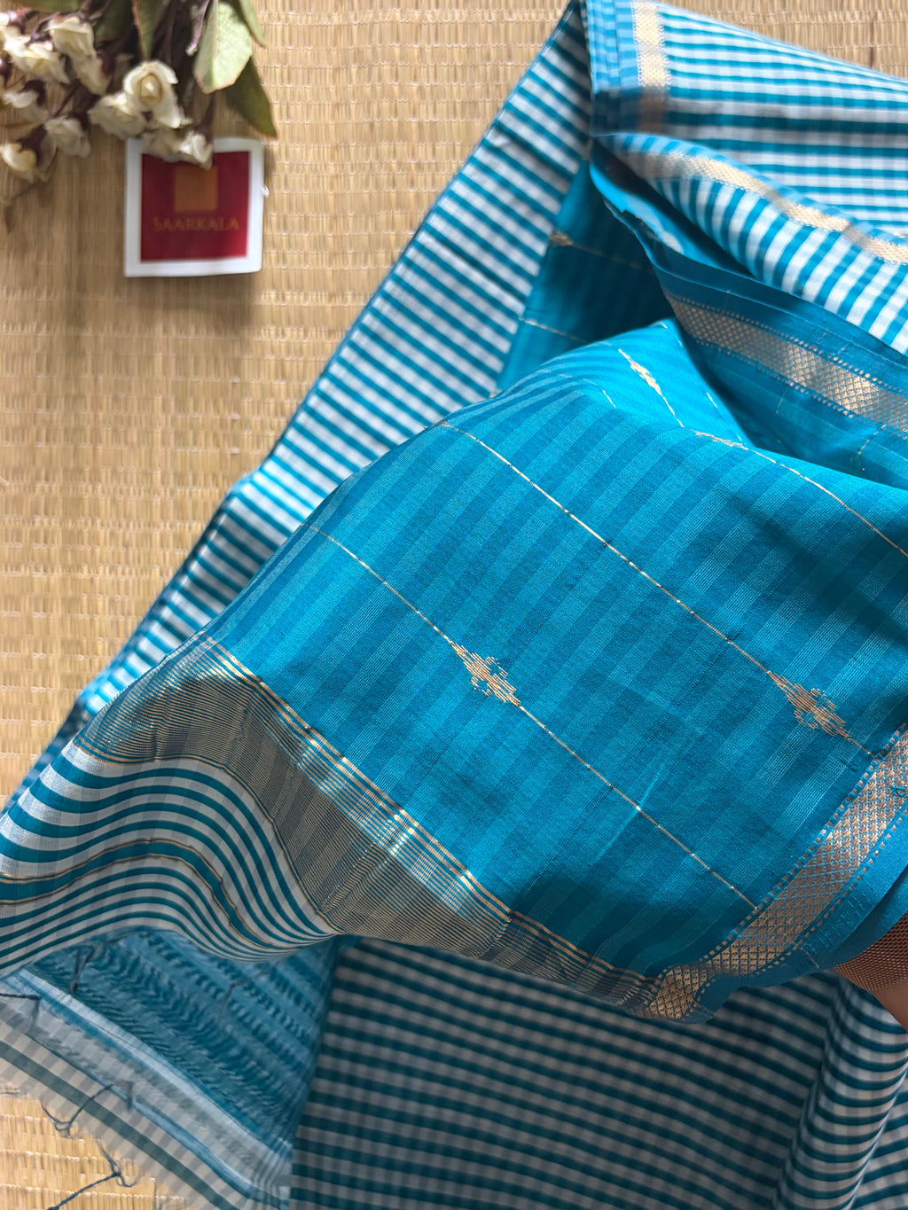 Gingham Rama Blue Maheshwari Handloom Saree