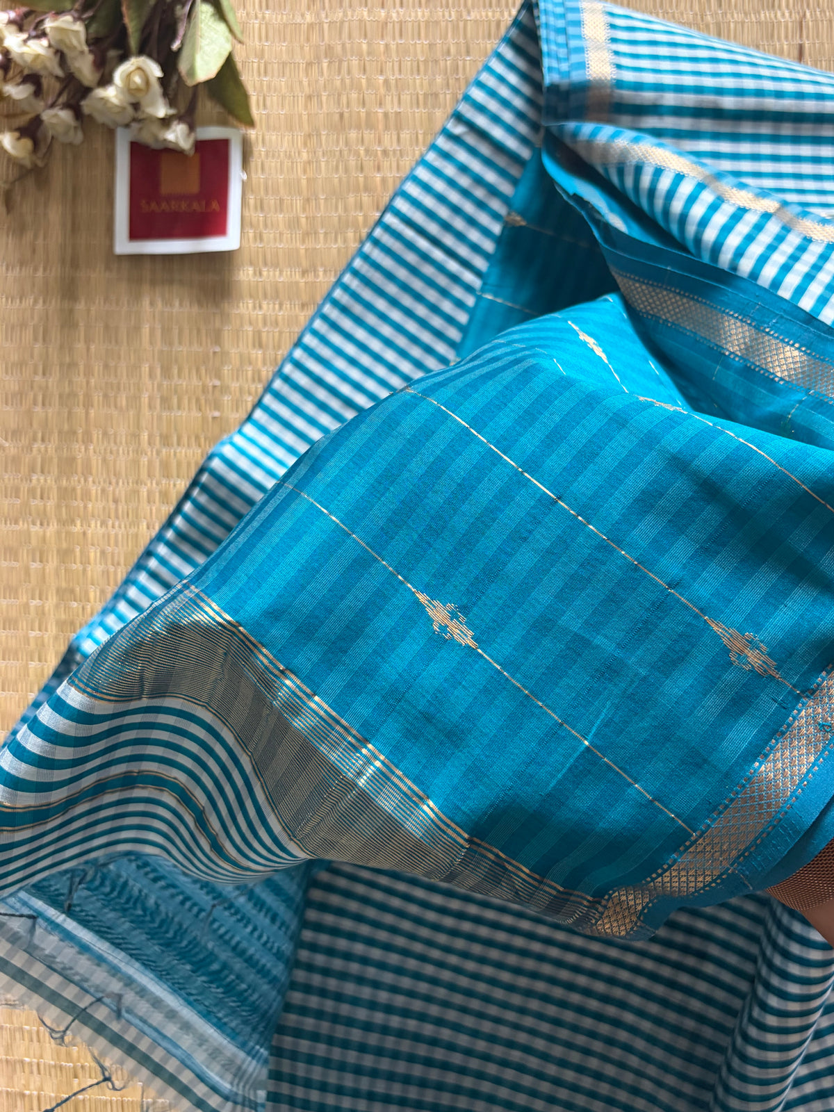 Gingham Rama Blue Maheshwari Handloom Saree