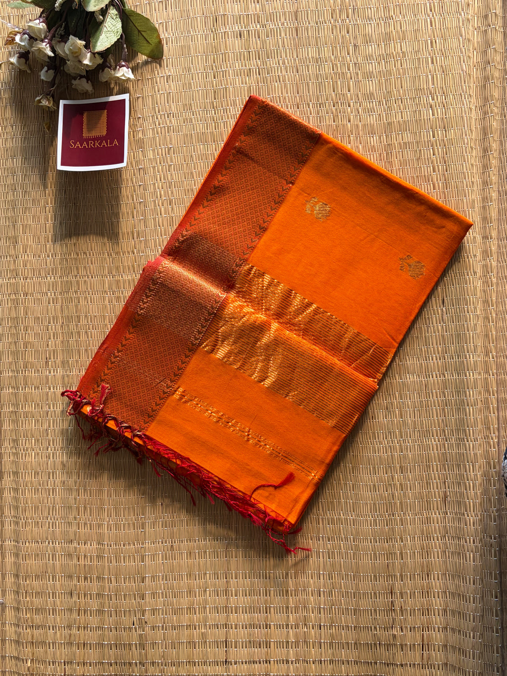 Golden Orange Lotus Maheshwari silk and cotton Saree