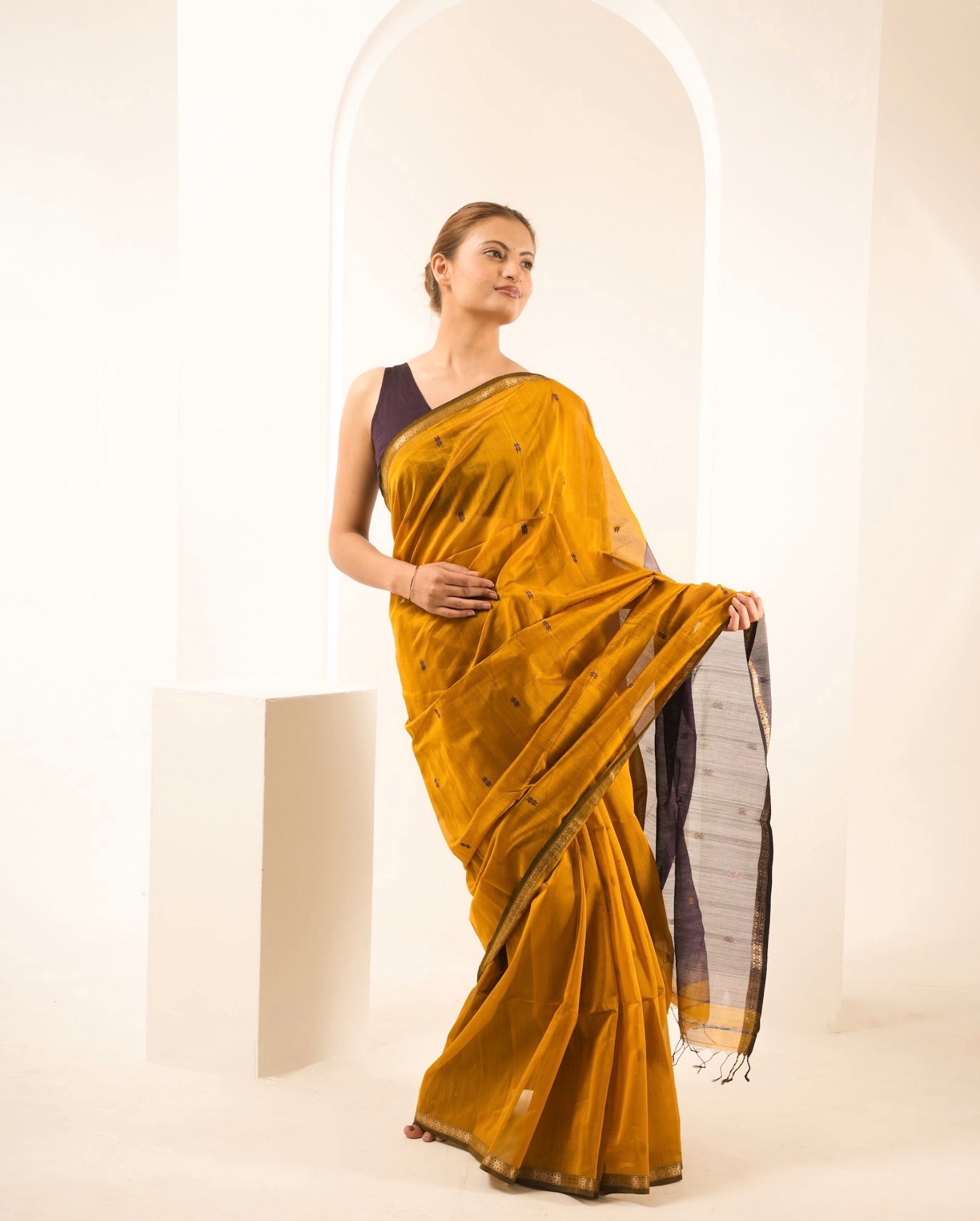 Chameli Mustard Purple Maheshwari Handloom Saree