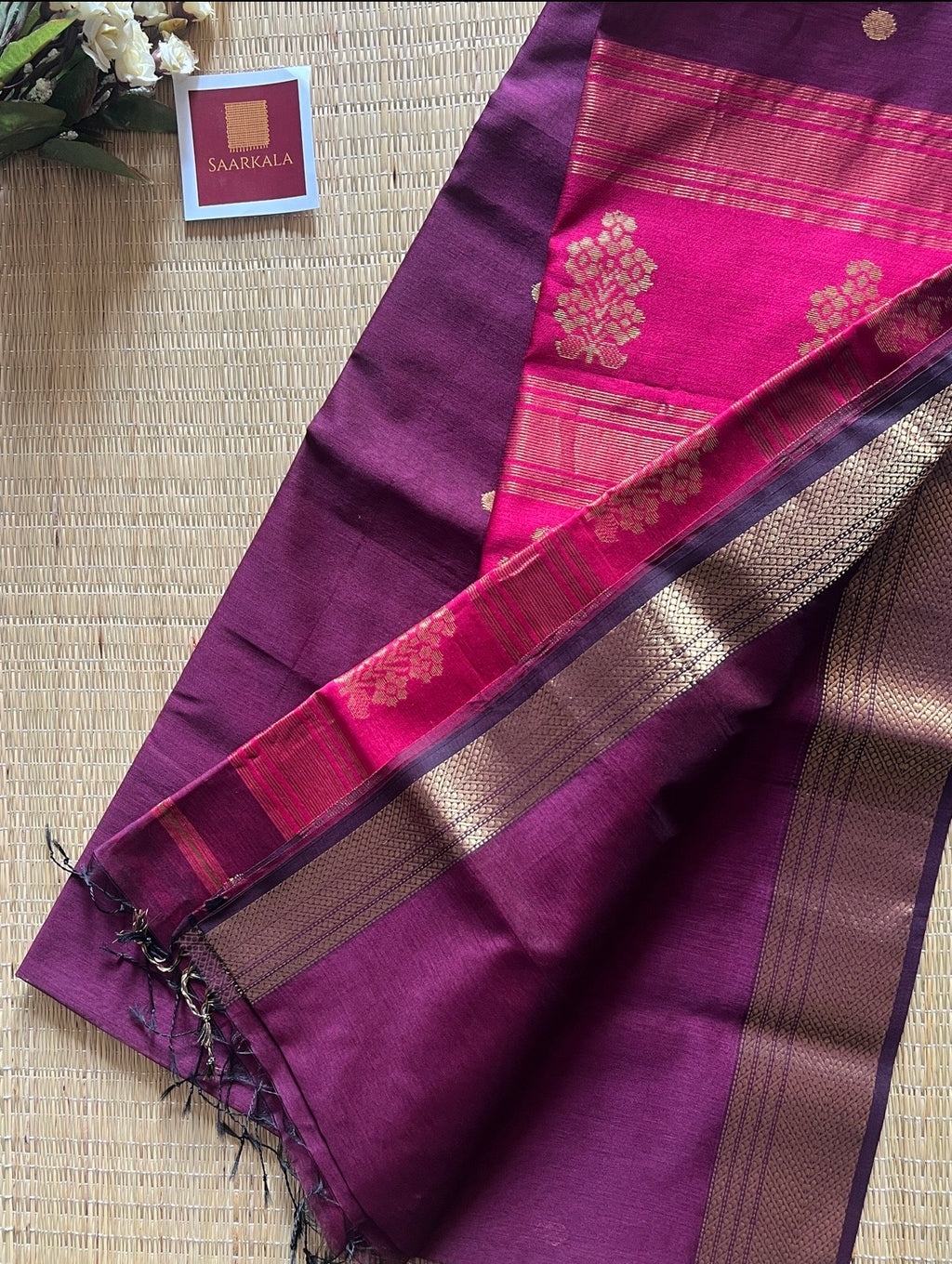 Floral Buta Deep Wine and Magenta Maheshwari Handloom Saree