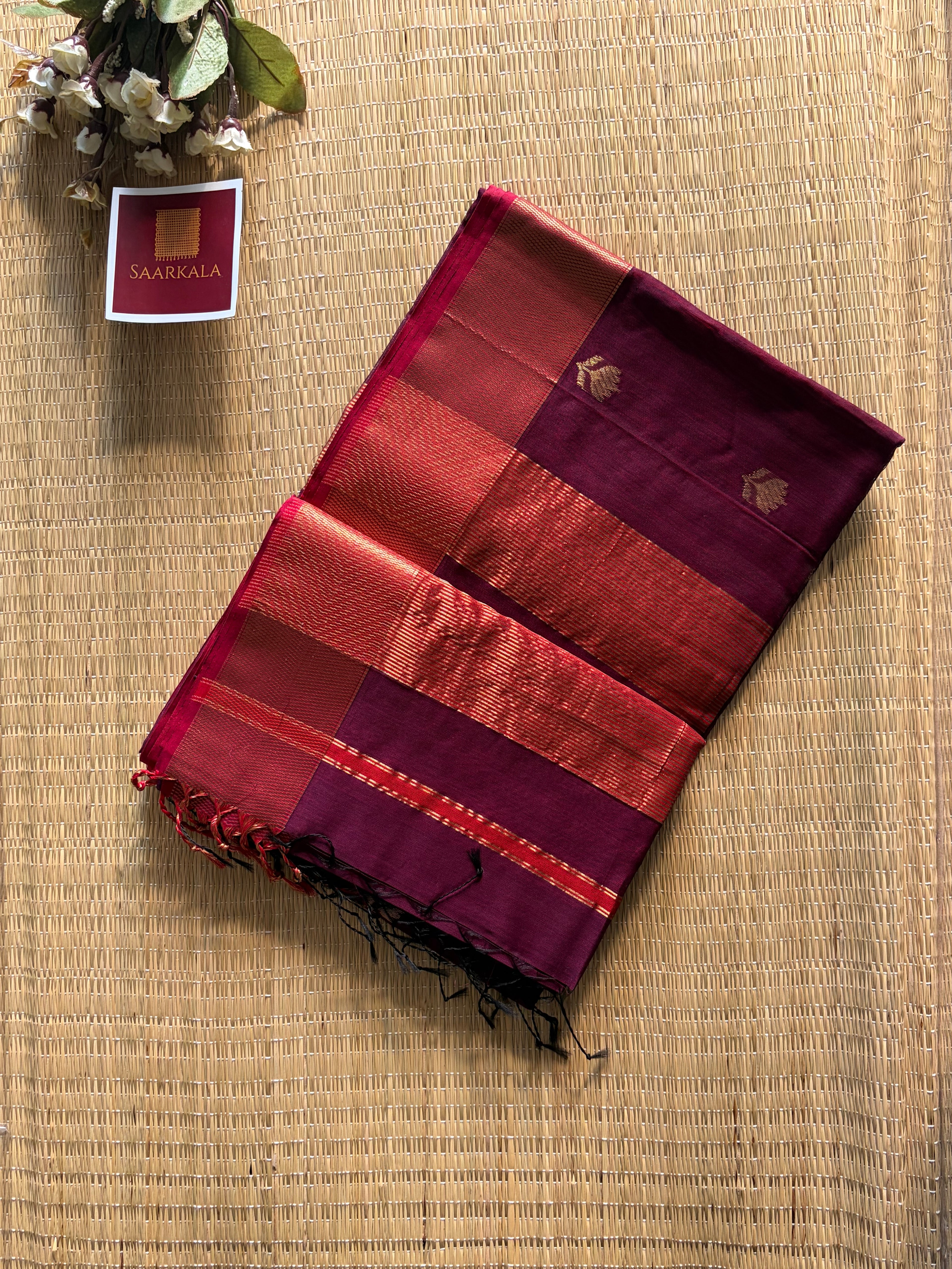 Chocoa Maroon Lotus Maheshwari silk and cotton Saree