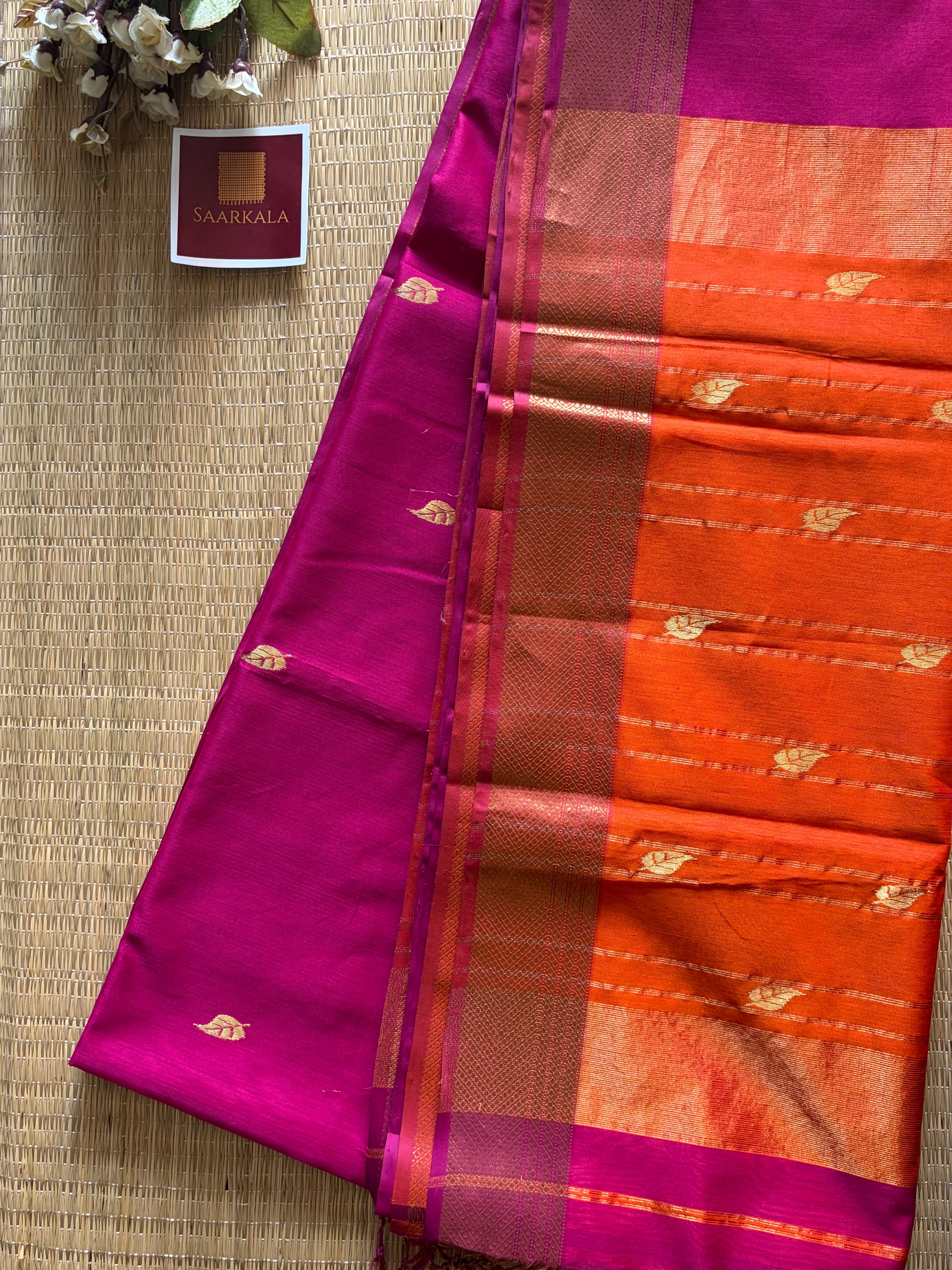 Patti Magenta Pink Maheshwari silk and cotton Saree
