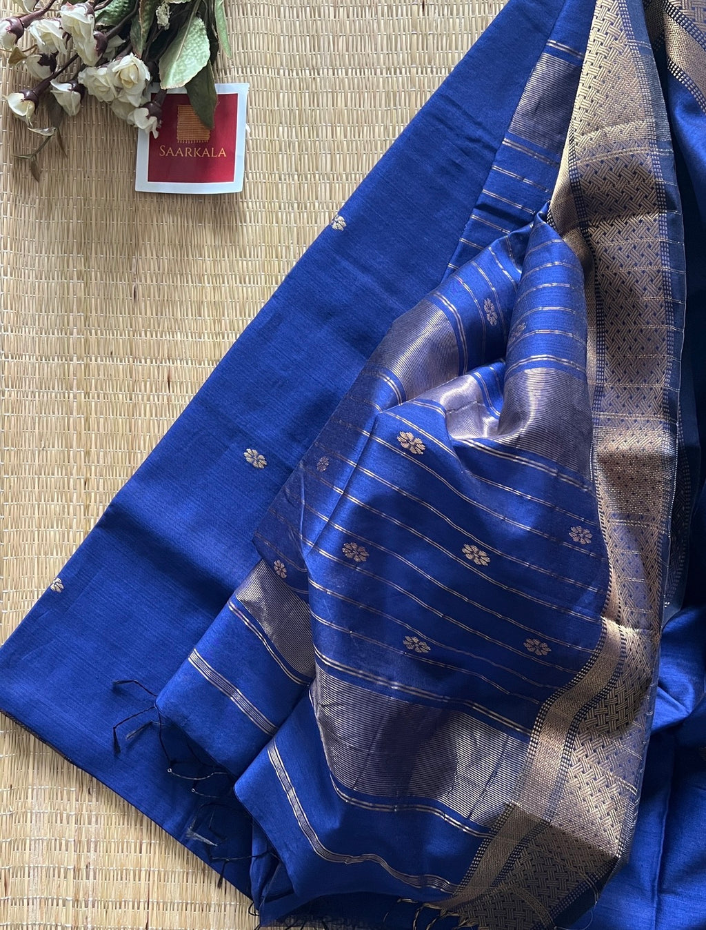 Khatia Blue Maheshwari Handwoven Saree with Gold Zari Border