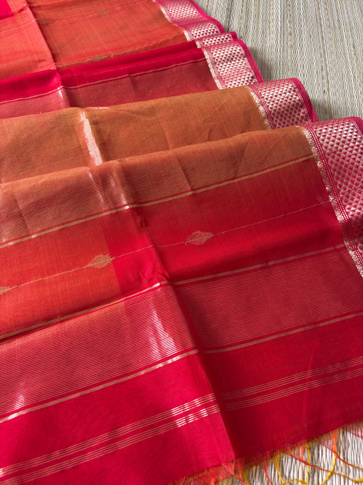 Reshami Red Shaded Maheshwari Handwoven Saree with Gold Butti