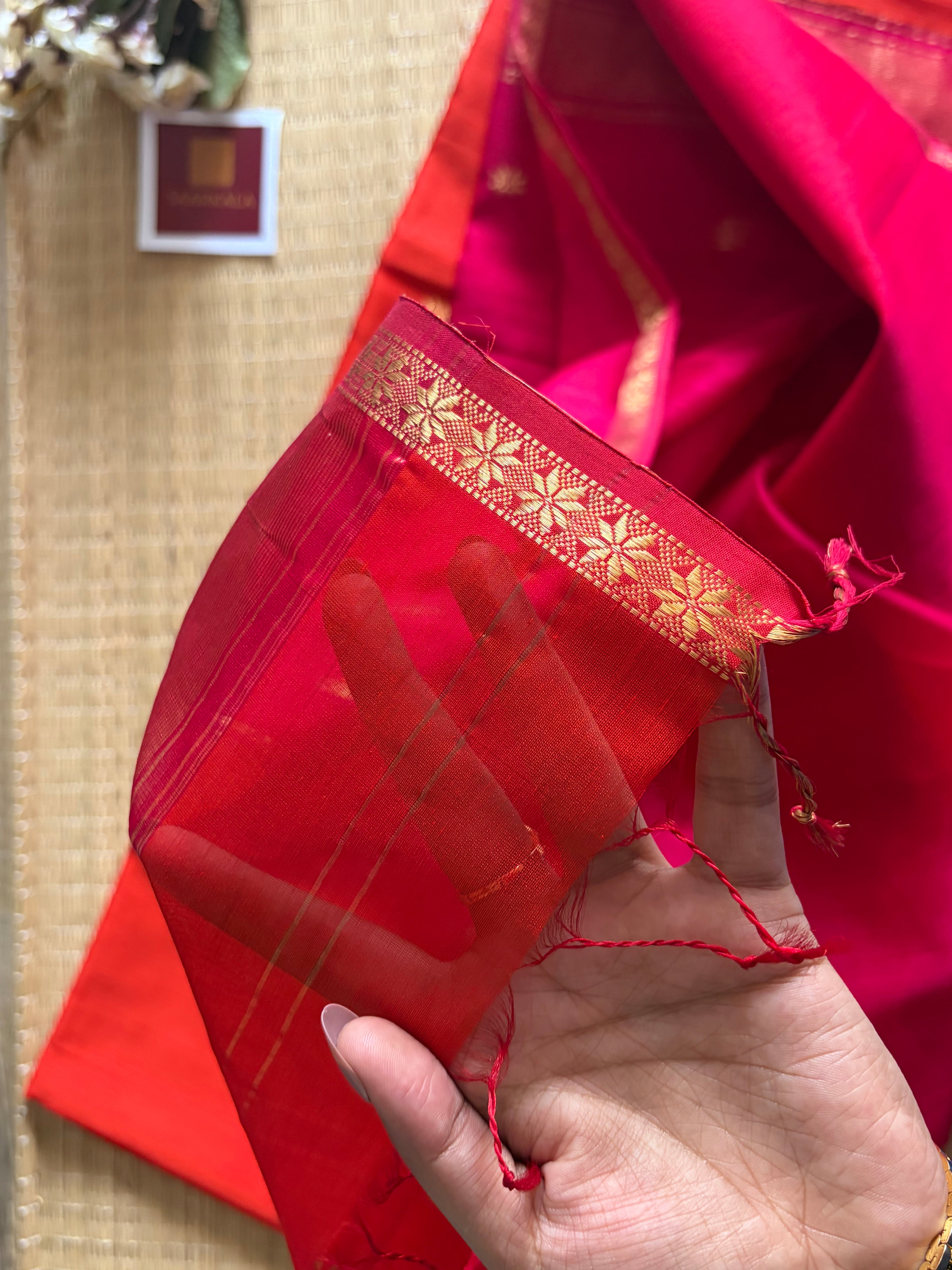 Rust Rani Maheshwari silk by cotton handloom saree