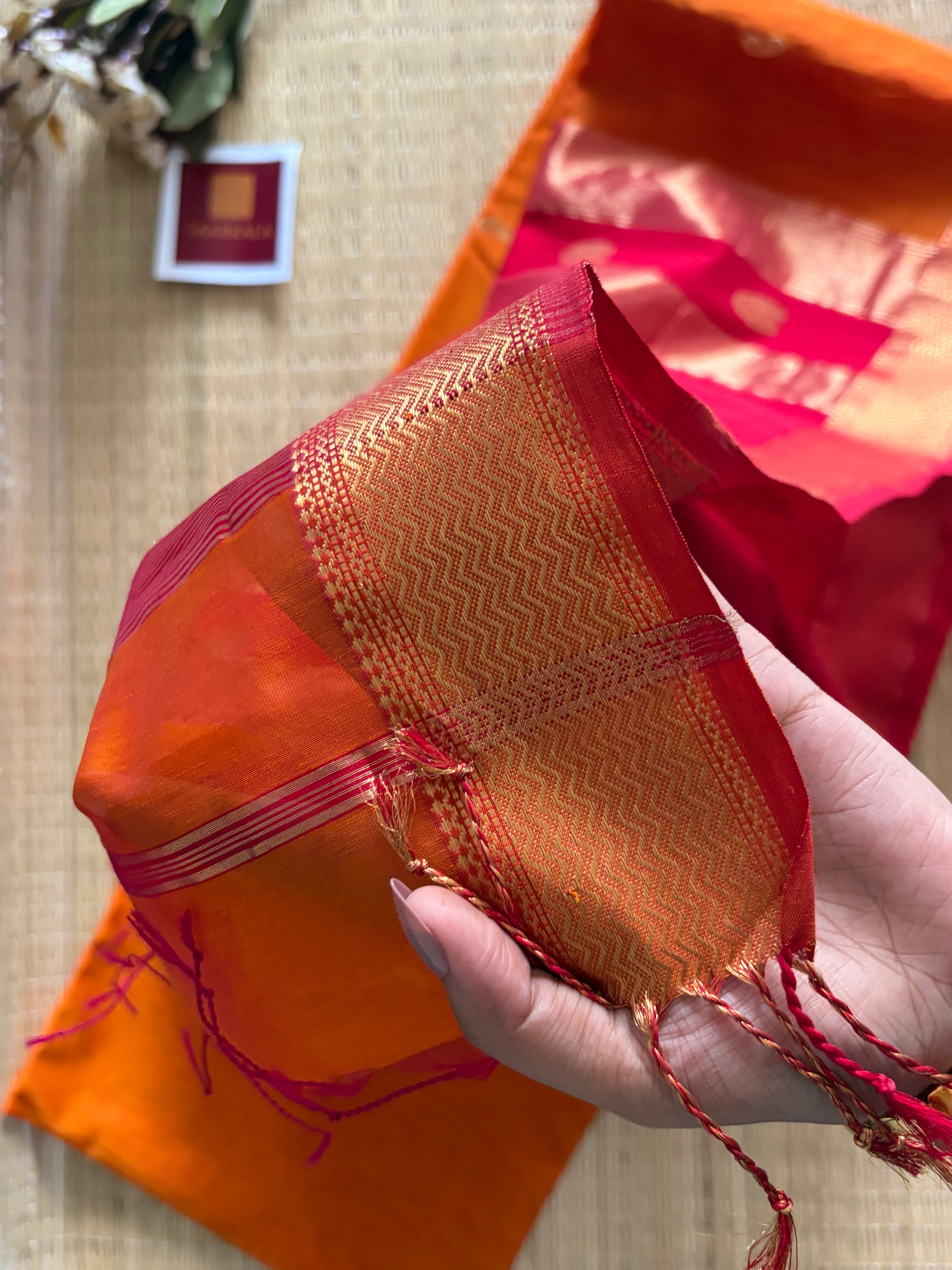 Kairi Buta Mustard Red Maheshwari Handloom Saree