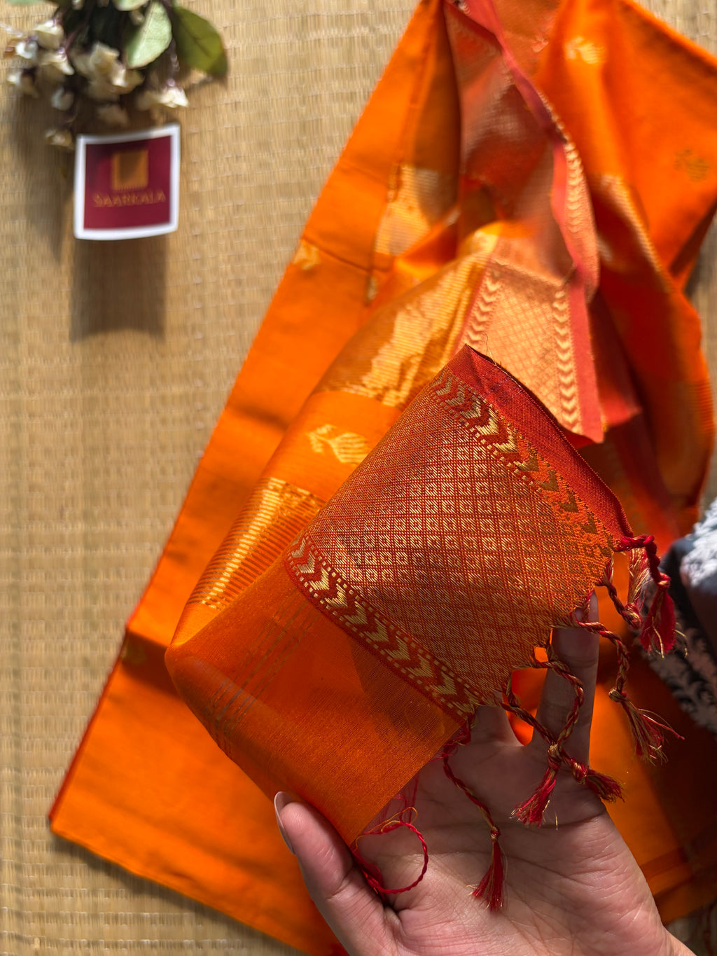 Golden Orange Lotus Maheshwari silk and cotton Saree