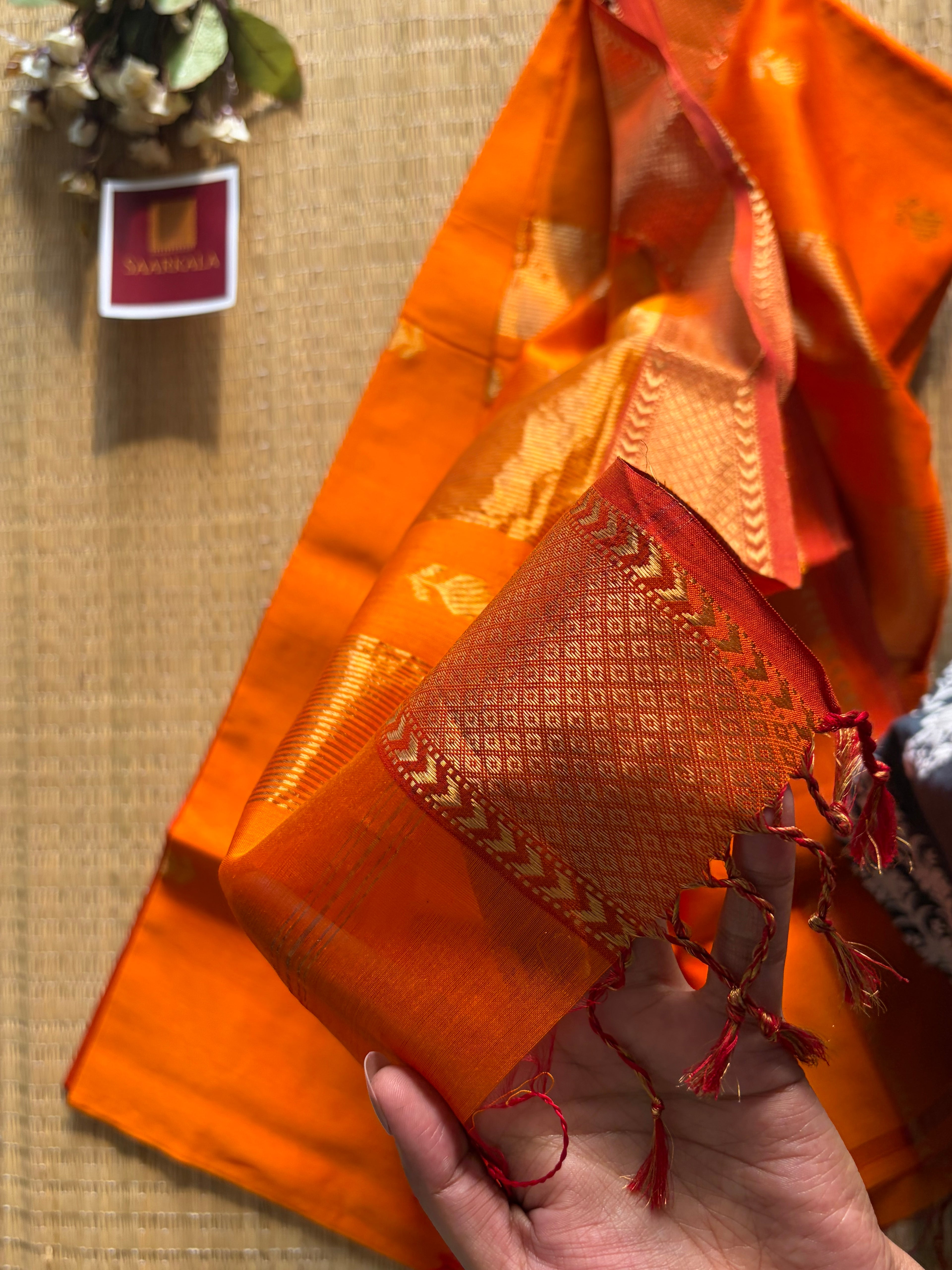 Golden Orange Lotus Maheshwari silk and cotton Saree