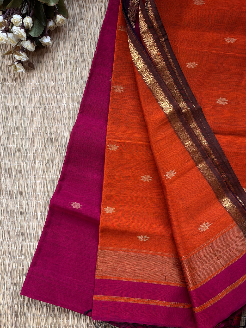 Chameli Pink Orange Maheshwari Handloom Saree