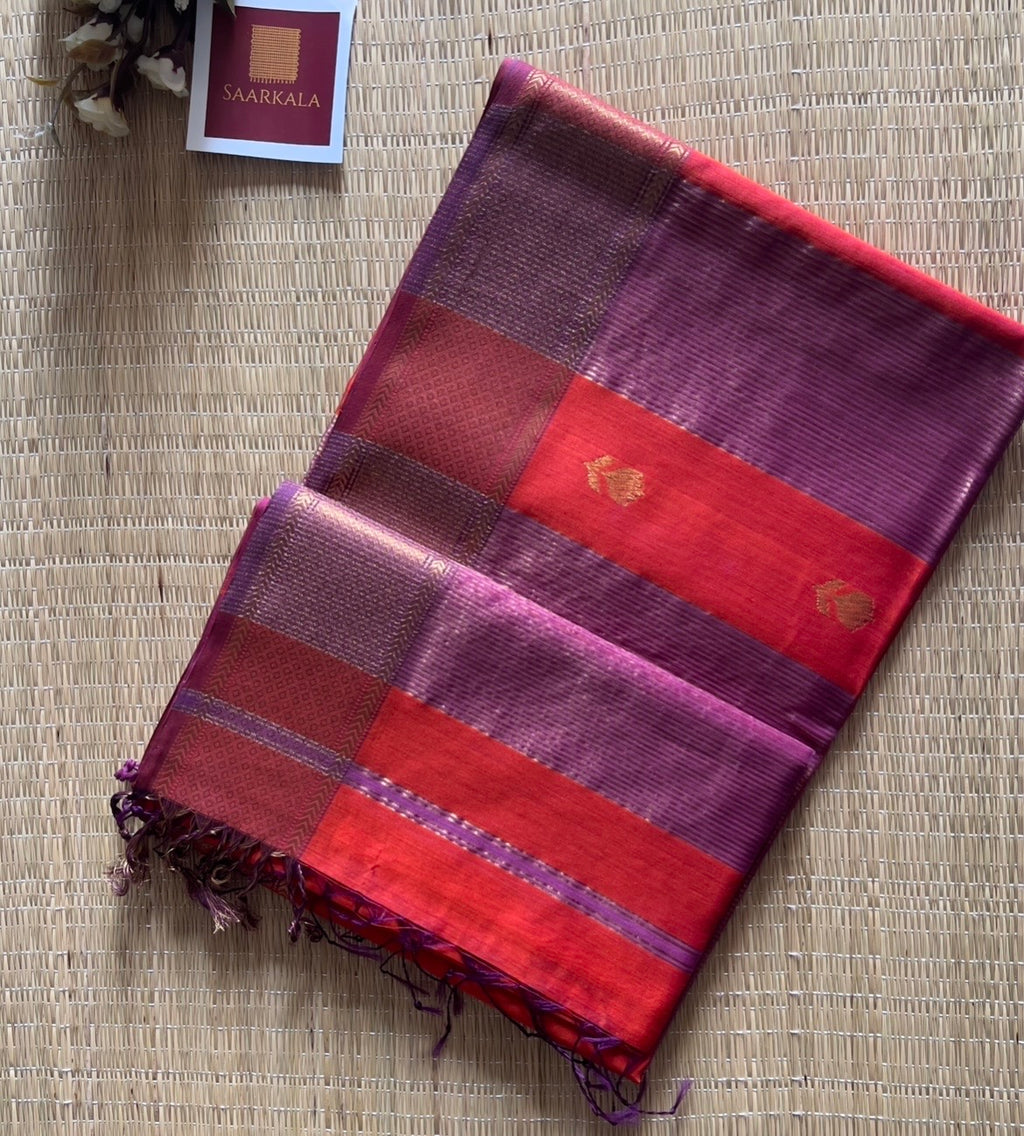 Rust Orange Lotus Maheshwari silk and cotton Saree