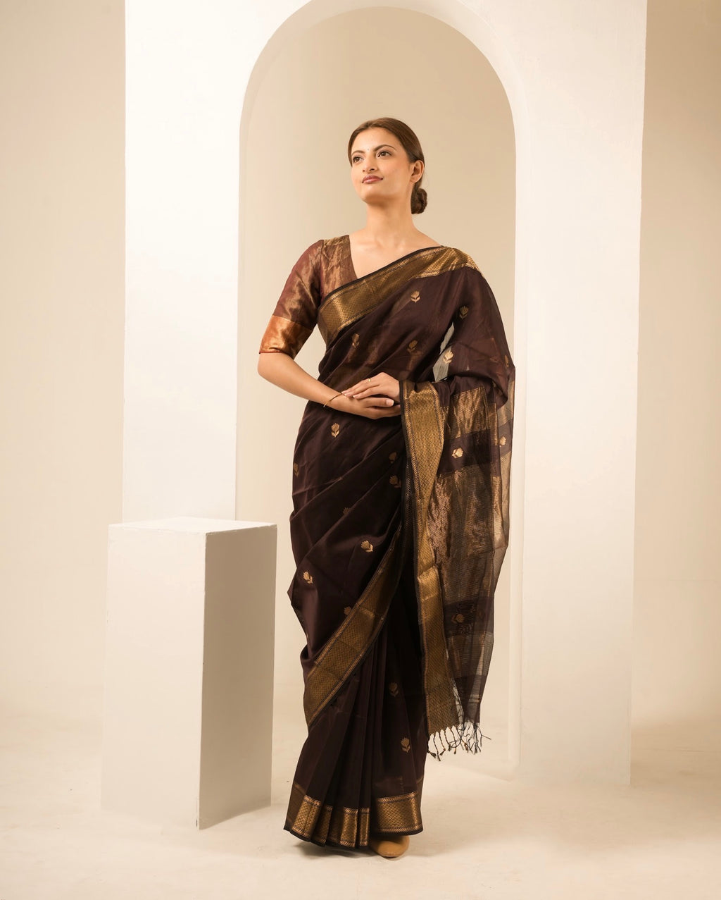 Lotus Brown Maheshwari Handloom Saree