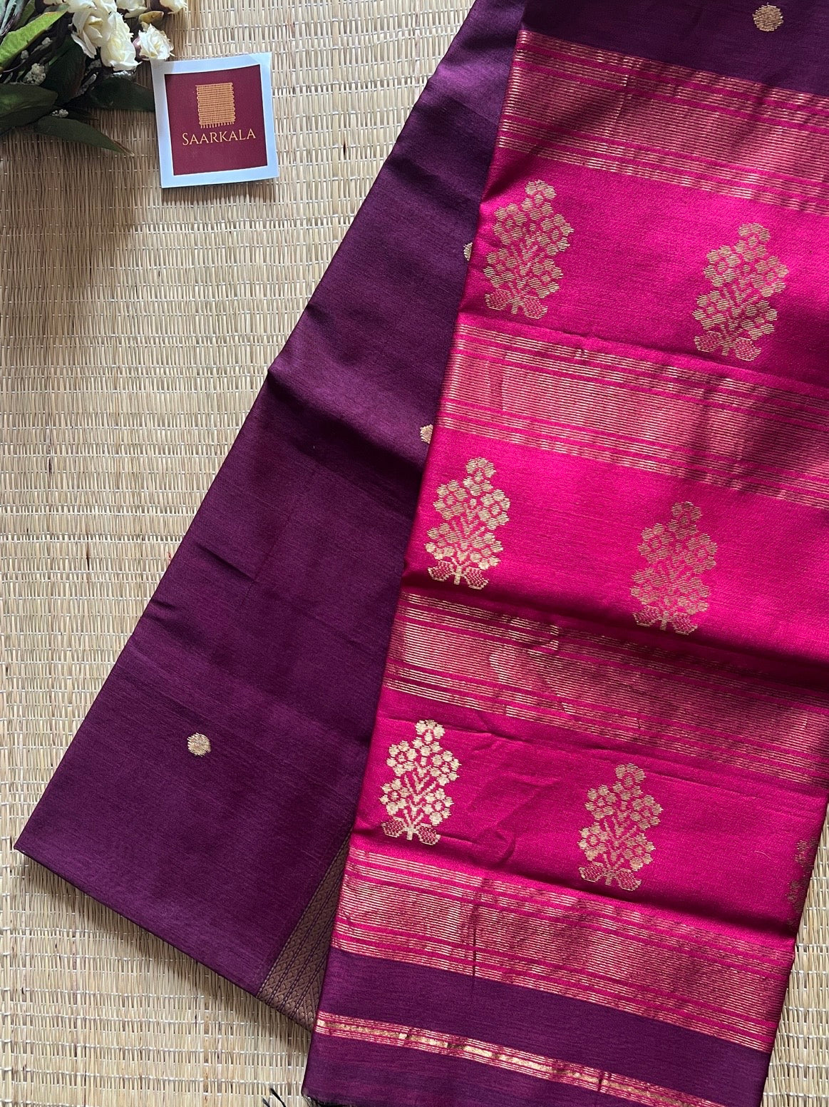 Floral Buta Deep Wine and Magenta Maheshwari Handloom Saree