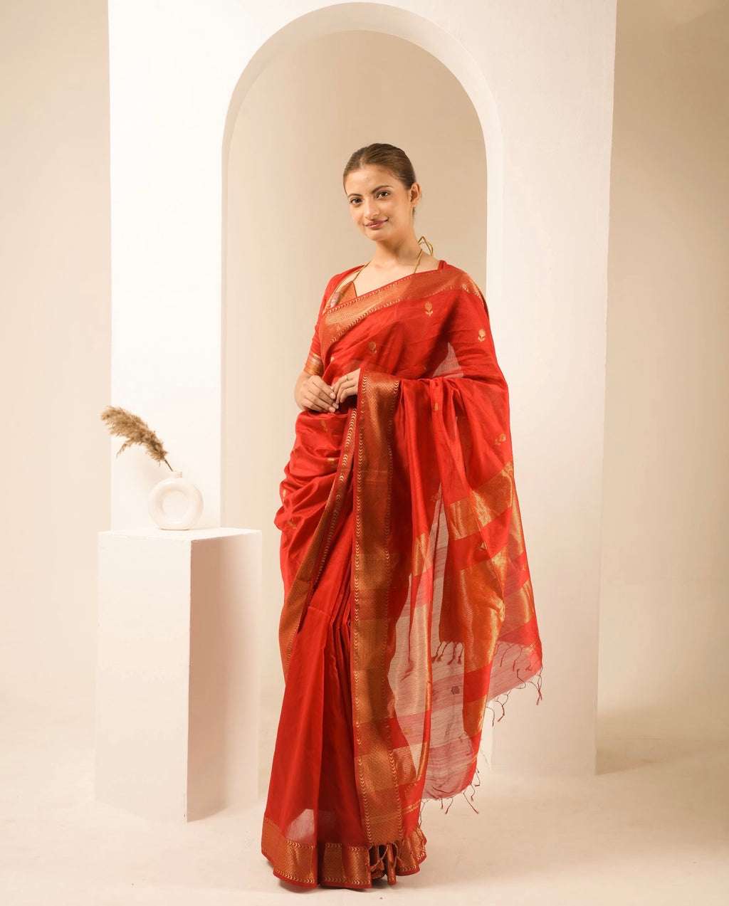 Lotus Red Maheshwari Handloom Saree