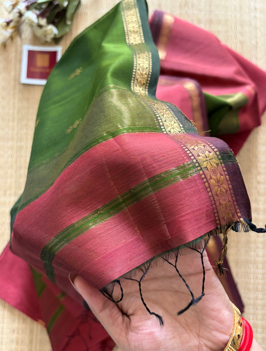 Gajri Green Maheshwari Handwoven Saree with Gold Zari Border