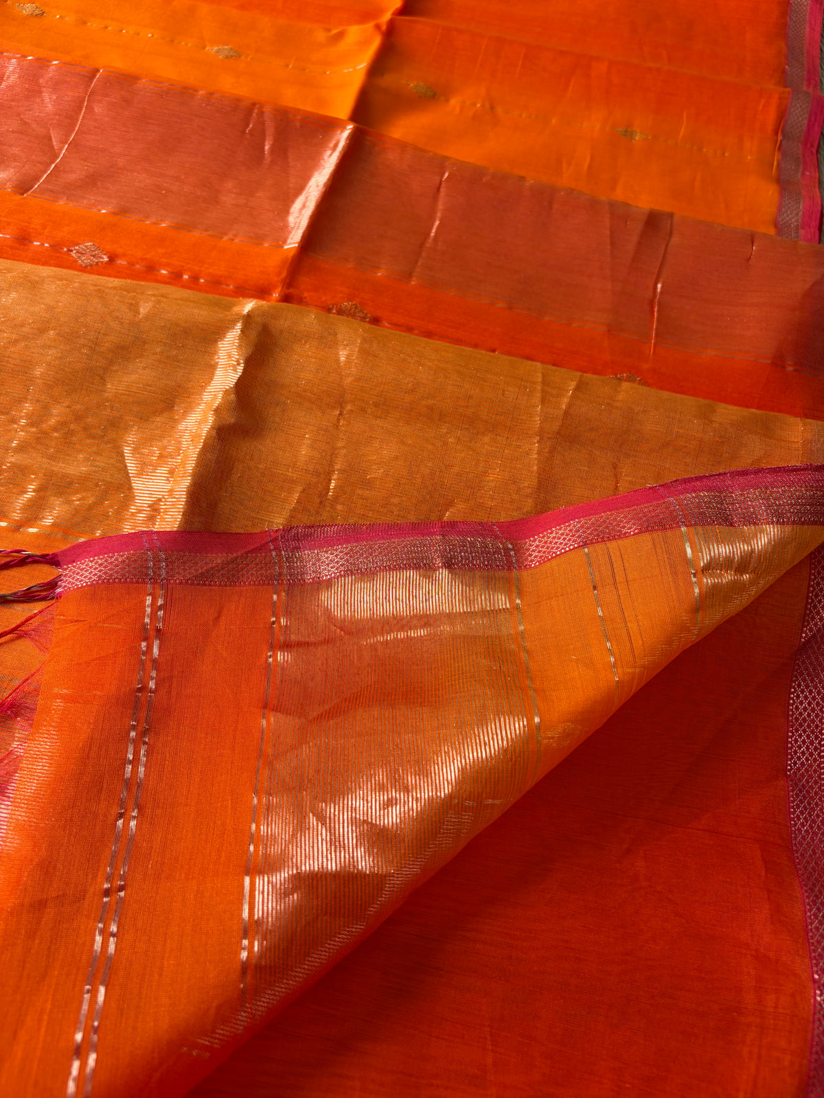 Kesar Orange Shaded Maheshwari Handwoven Saree with Gold Zari Border