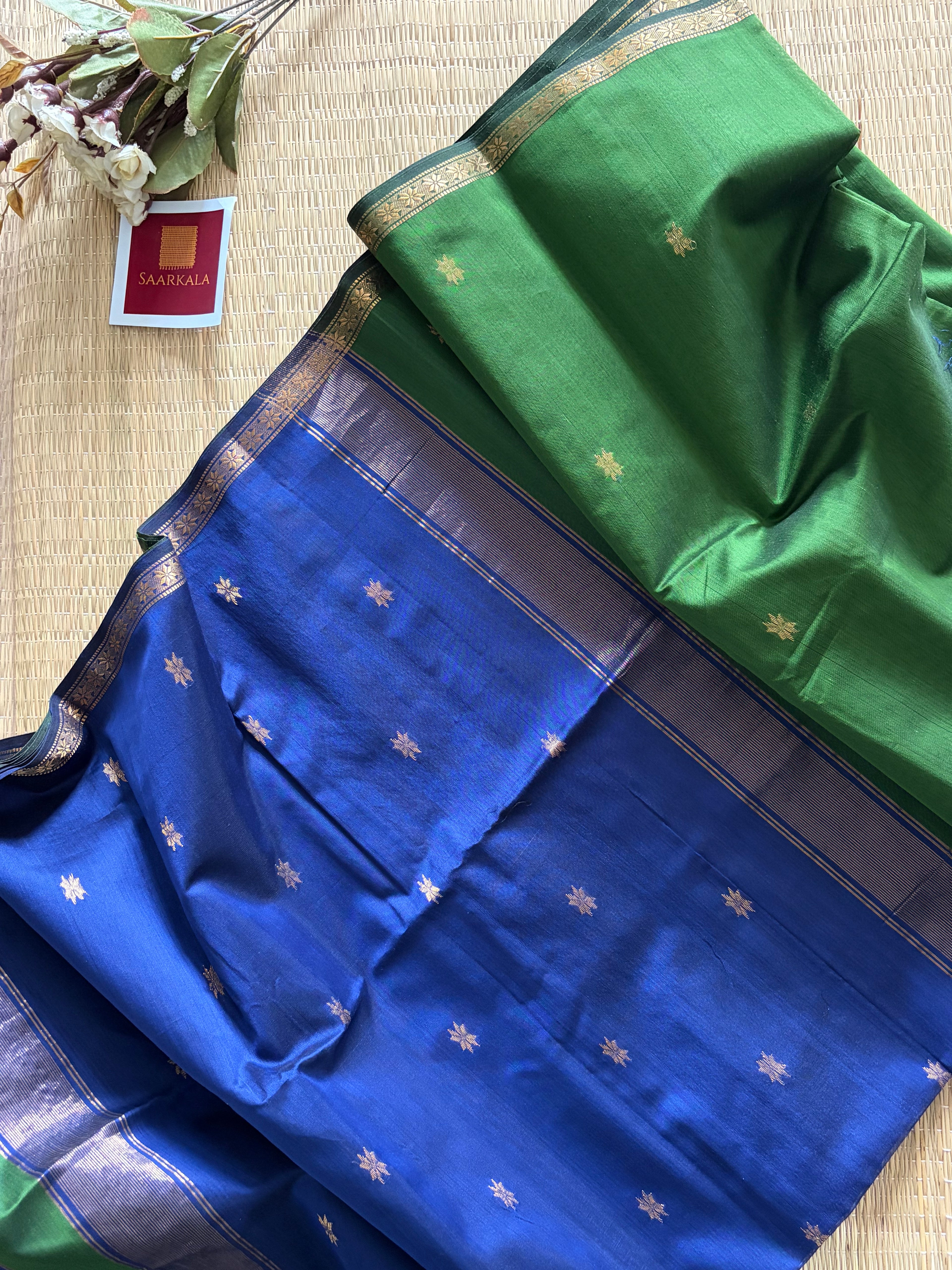Savan Green & Blue Chameli Maheshwari Handloom Silk Cotton Saree