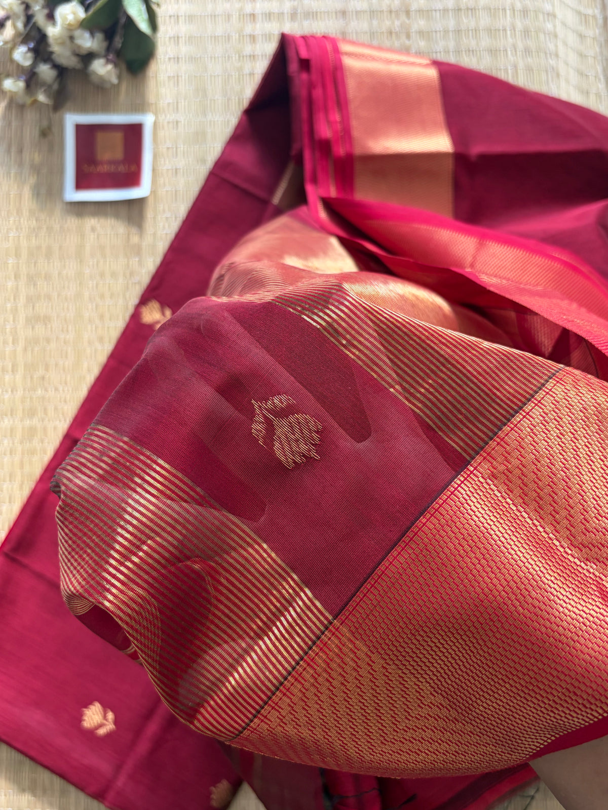 Lotus Maroon Red Maheshwari Handloom Saree with Gold Border