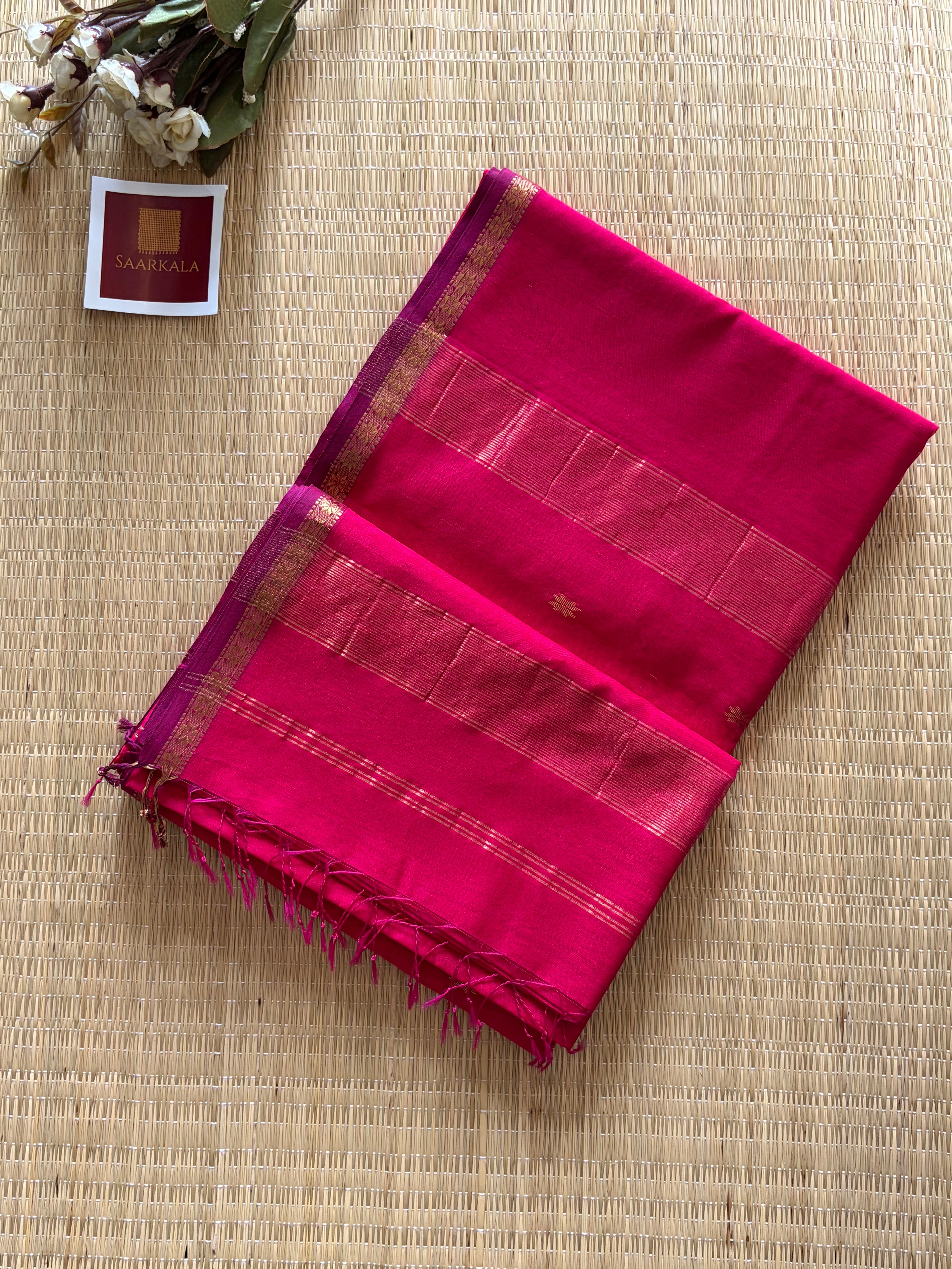 Magenta Kinari Self Pink Chameli Maheshwari Handloom Silk Cotton Saree